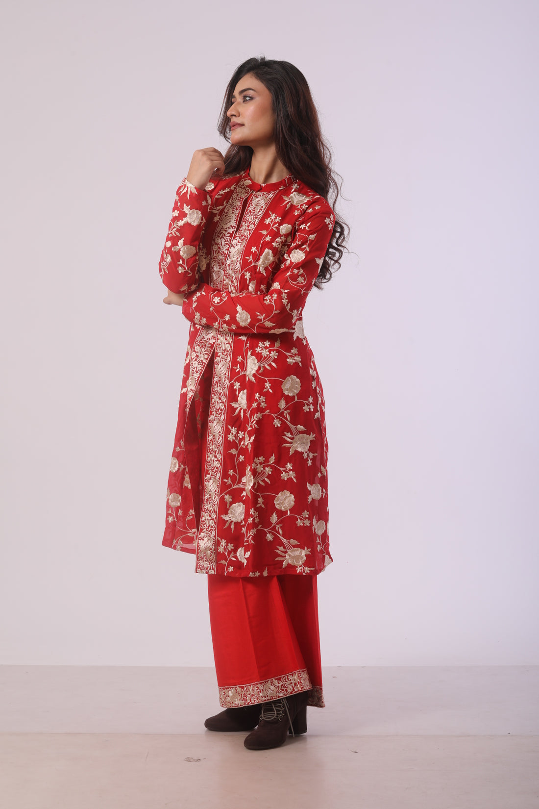 Red Viscose Embroidered Co-ord Set with Bustier and Jacket