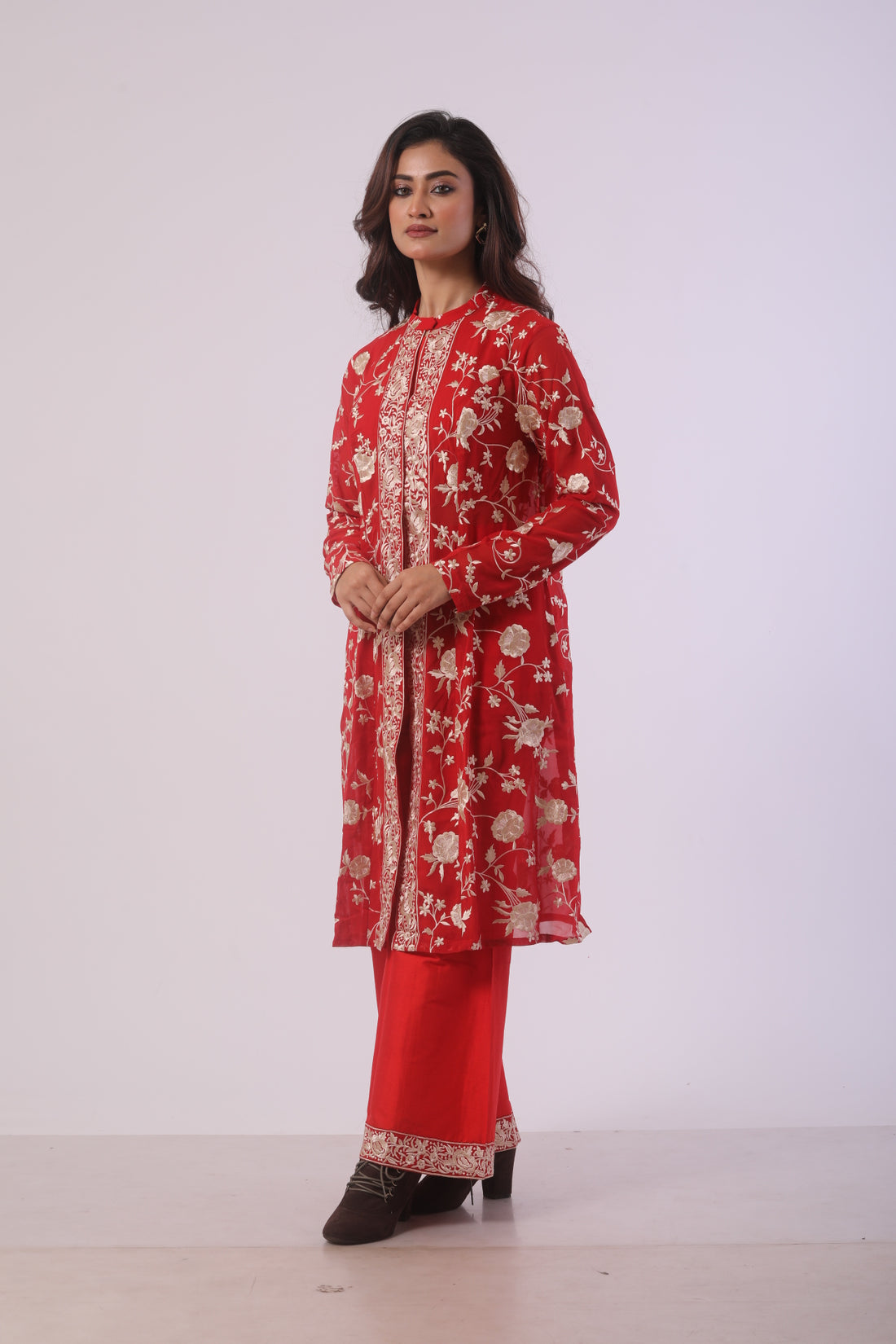 Red Viscose Embroidered Co-ord Set with Bustier and Jacket