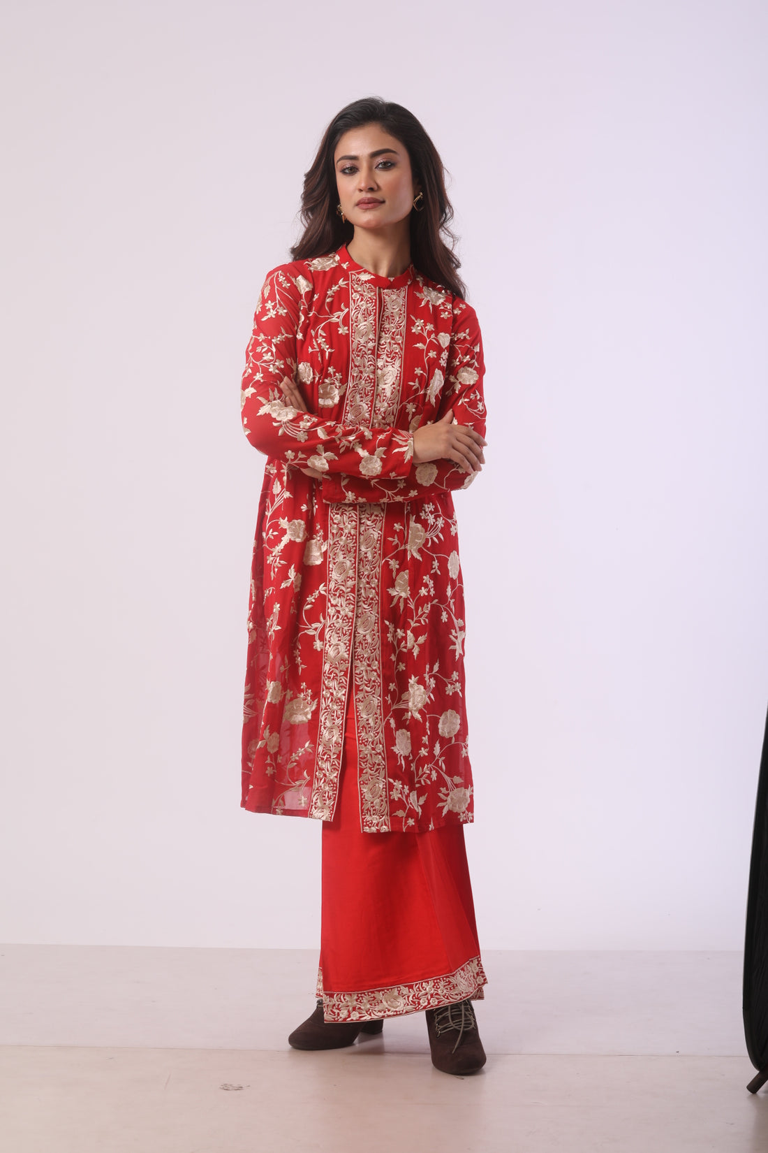 Red Viscose Embroidered Co-ord Set with Bustier and Jacket