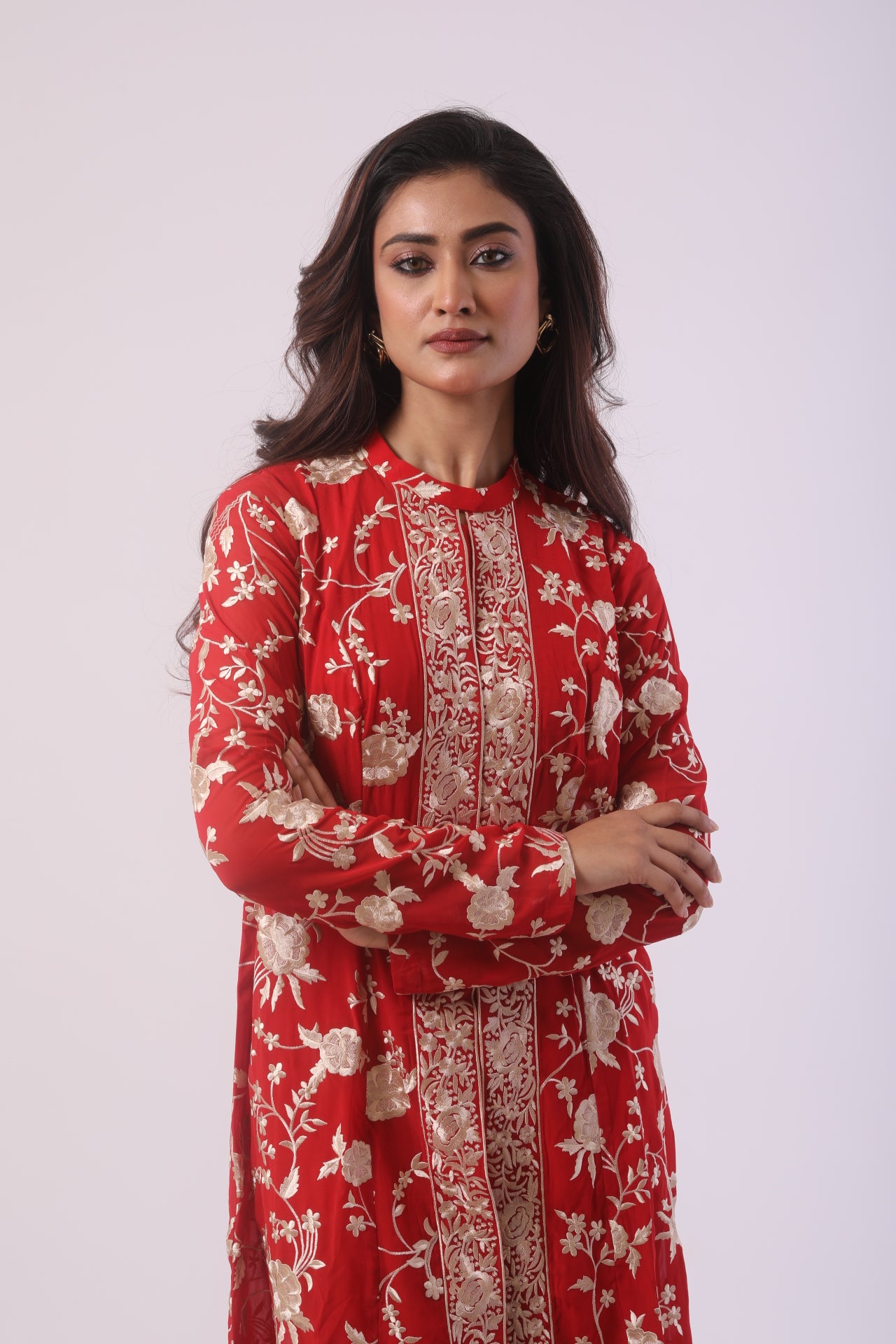 Red Viscose Embroidered Co-ord Set with Bustier and Jacket