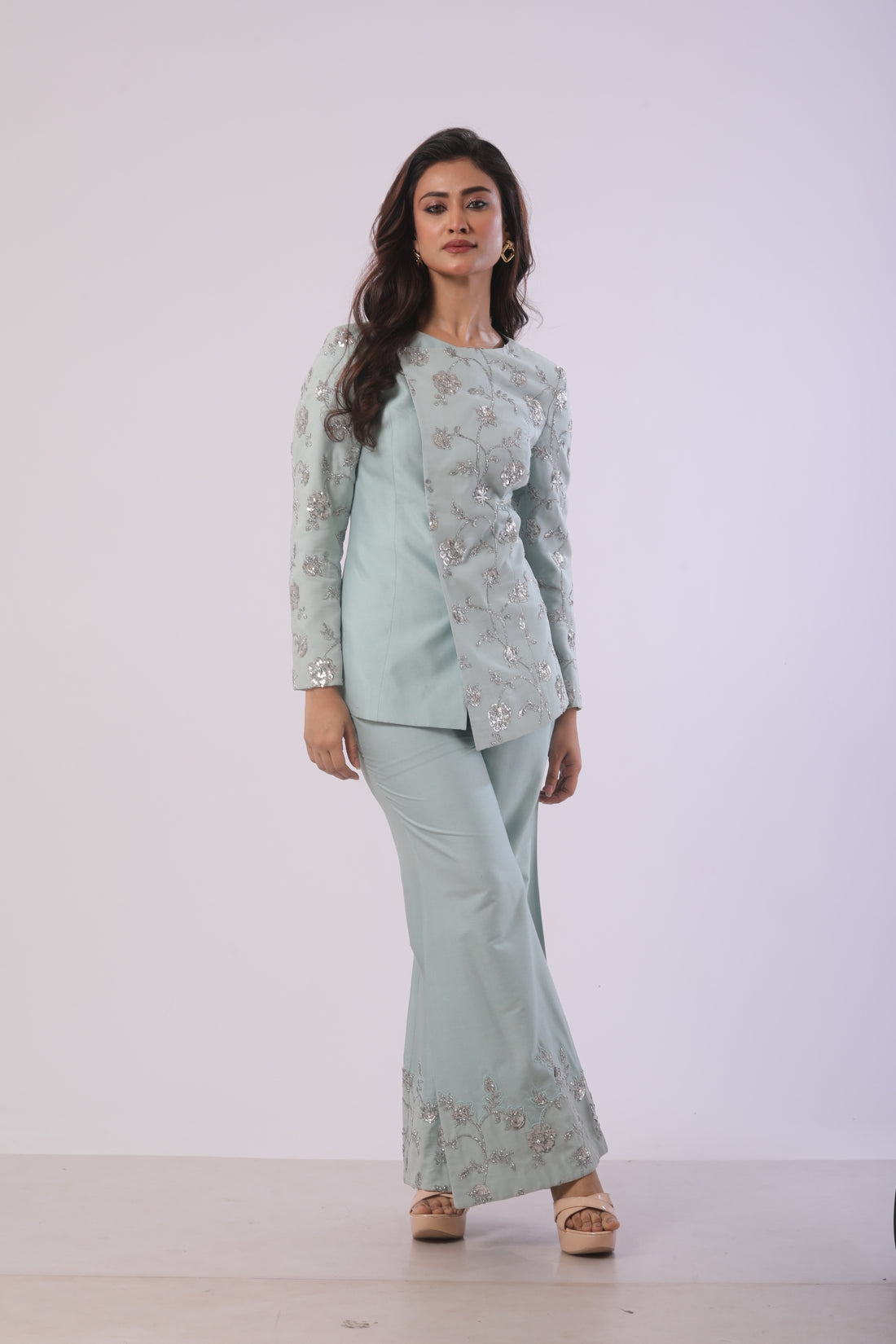 Powder Blue Embroidered Co-Ord Set with Band Collar Jacket