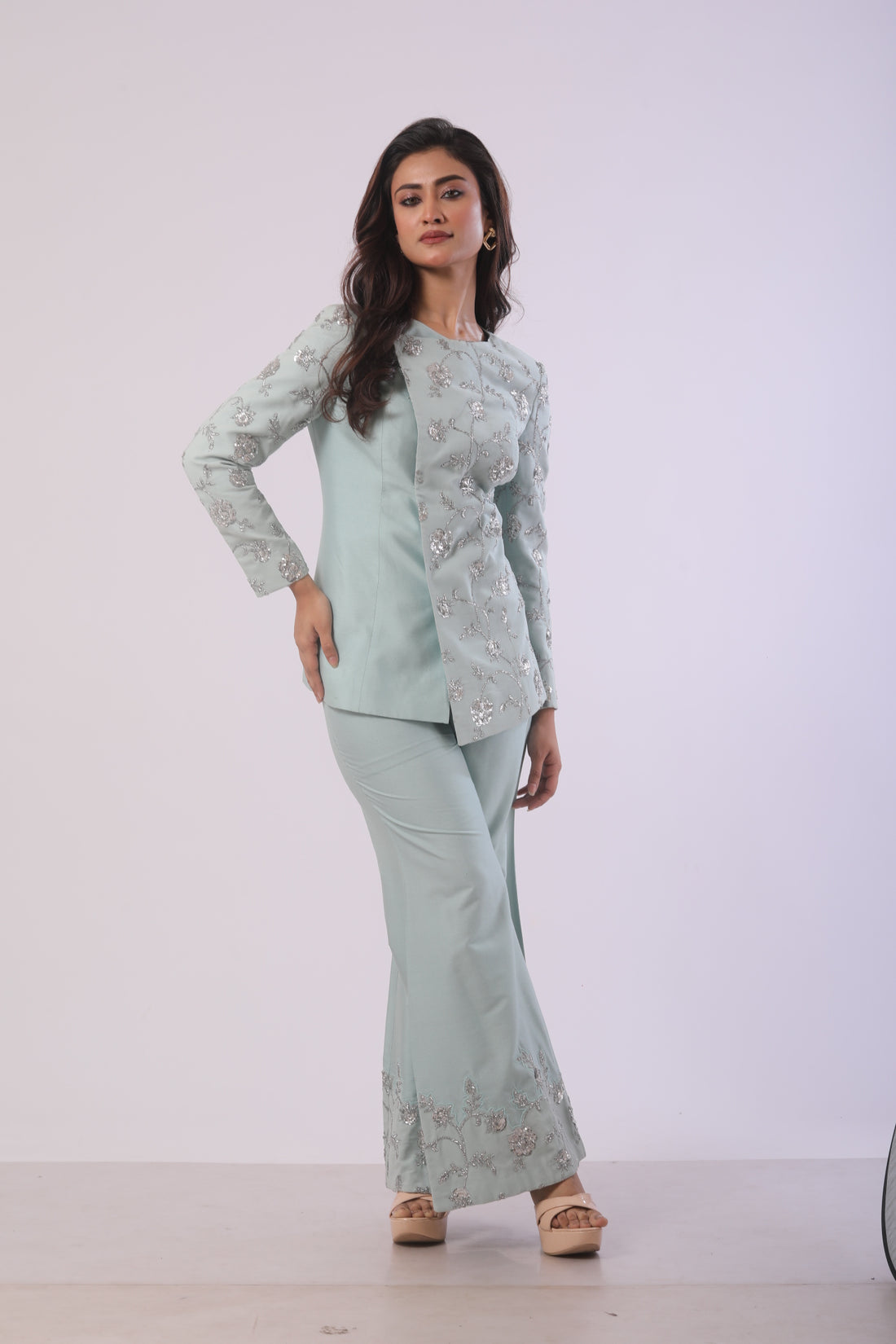 Powder Blue Embroidered Co-Ord Set with Band Collar Jacket