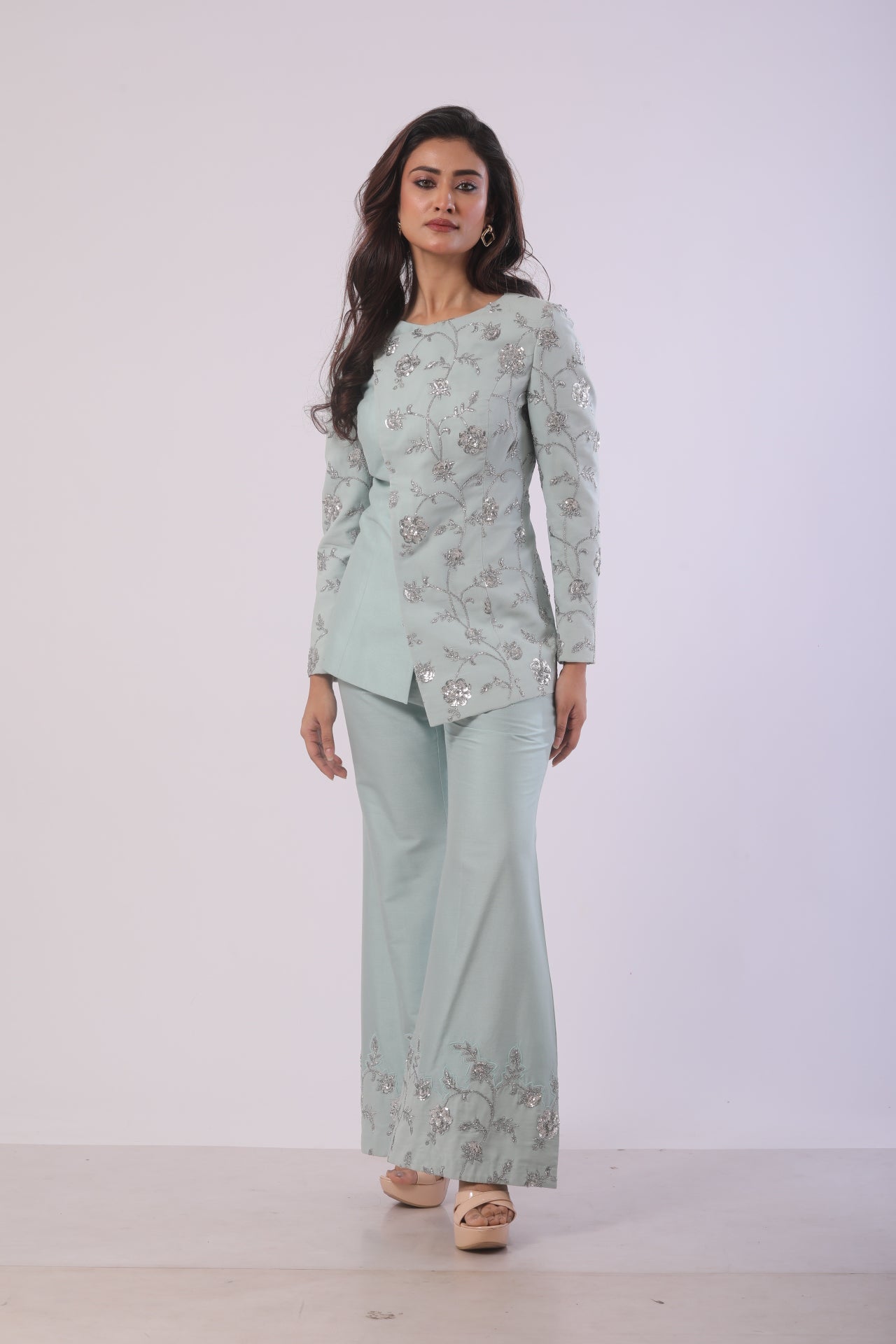 Powder Blue Embroidered Co-Ord Set with Band Collar Jacket