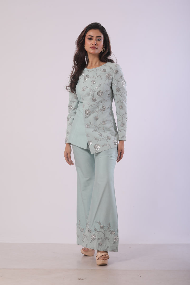 Power Blue Embroidered Co-Ord Set with Band Collar Jacket