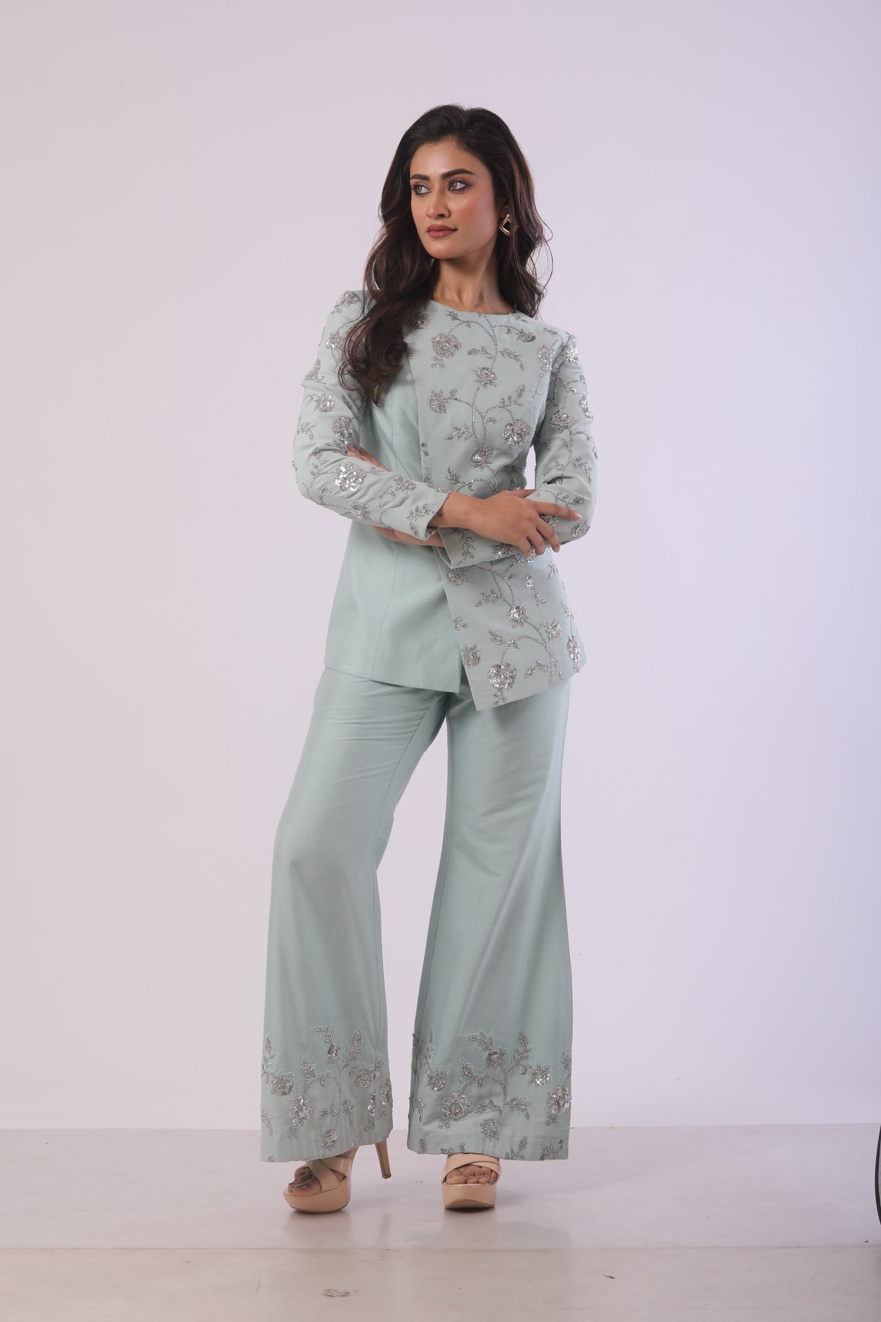 Powder Blue Embroidered Co-Ord Set with Band Collar Jacket