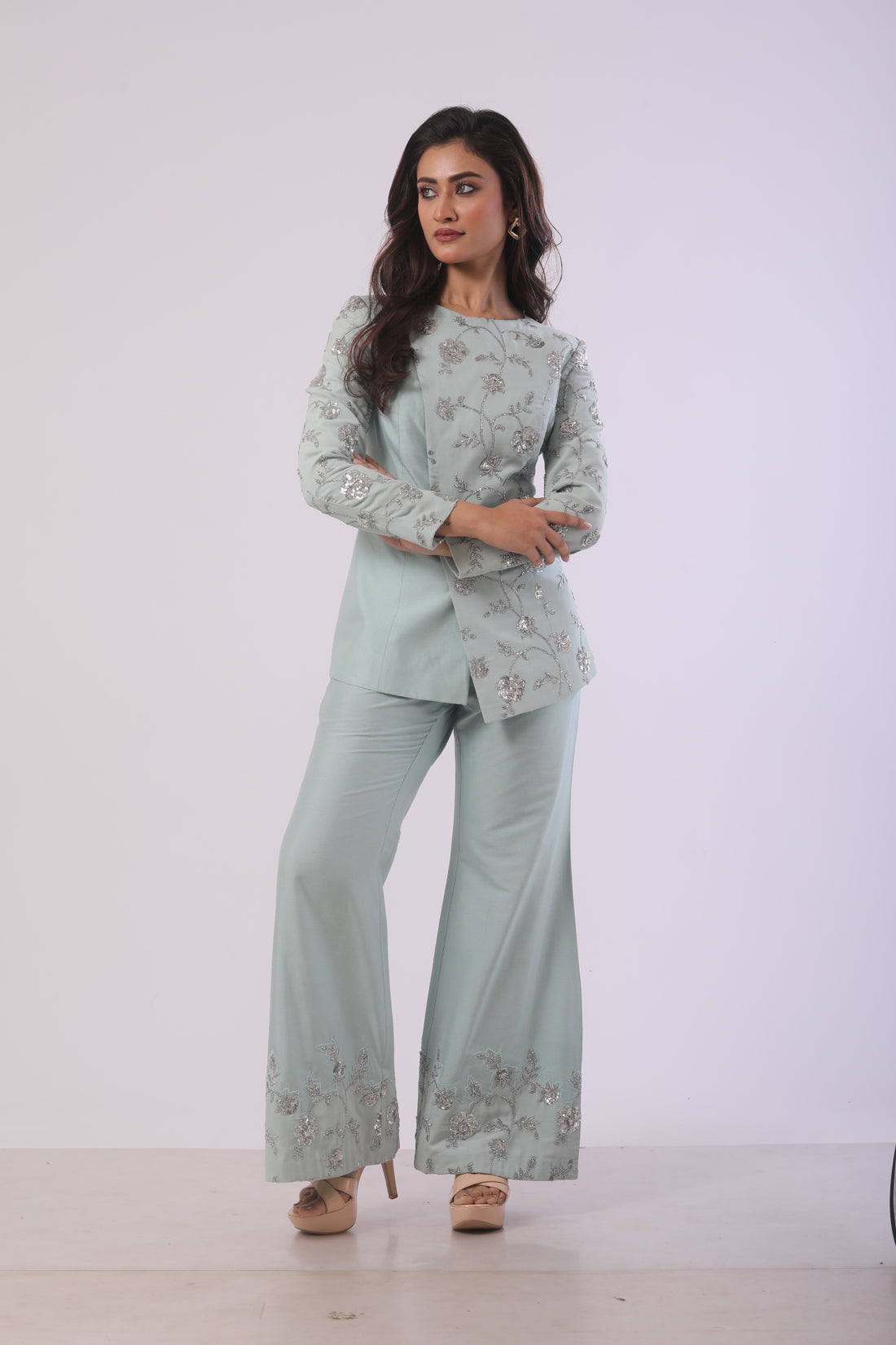 Powder Blue Embroidered Co-Ord Set with Band Collar Jacket