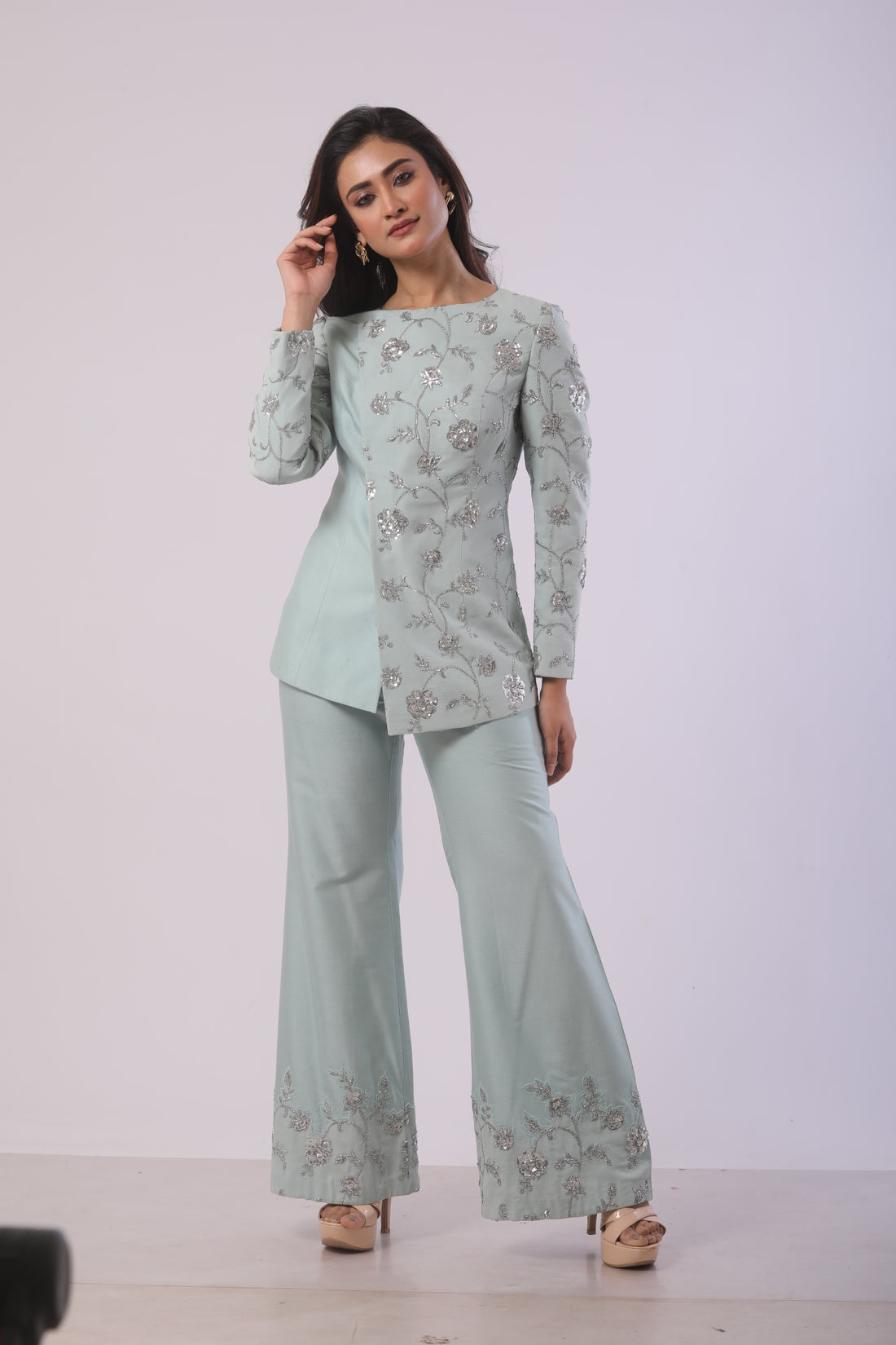 Powder Blue Embroidered Co-Ord Set with Band Collar Jacket