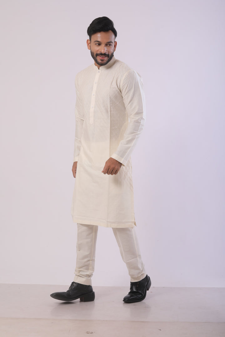 Off White Katan Kurta Set for Men With Anchoring Work