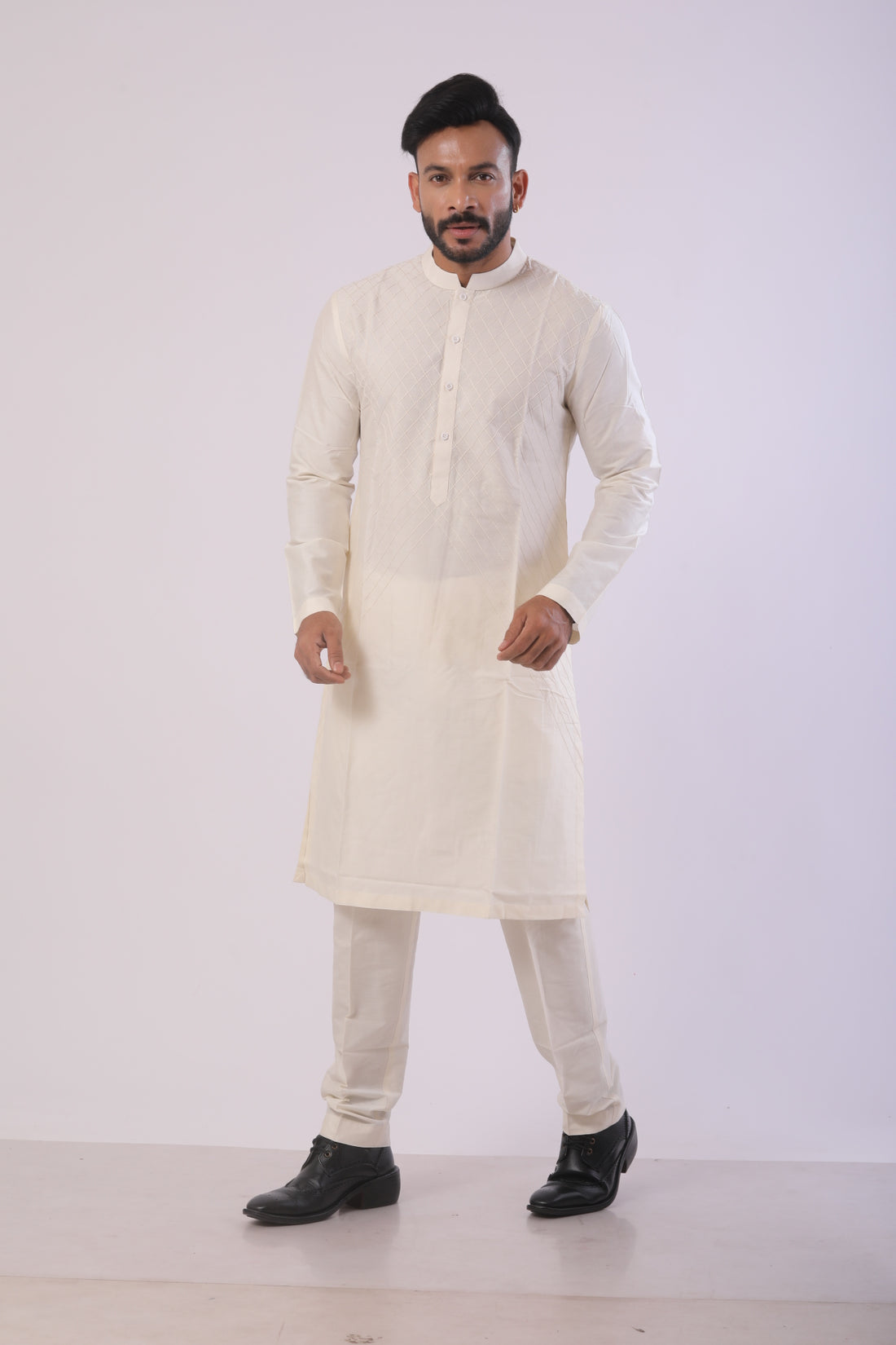 Off White Katan Kurta Set for Men With Anchoring Work