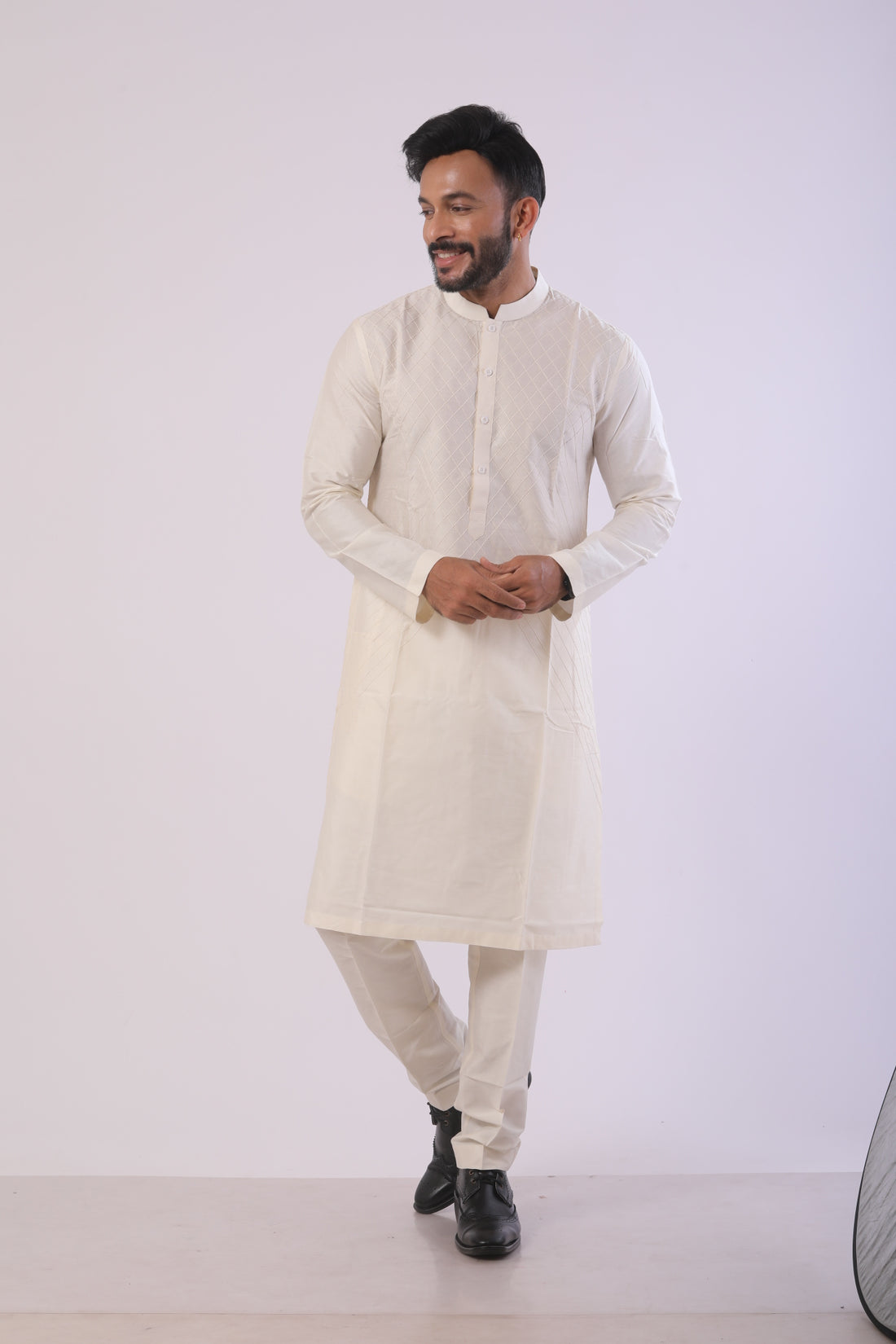 Off White Katan Kurta Set for Men With Anchoring Work