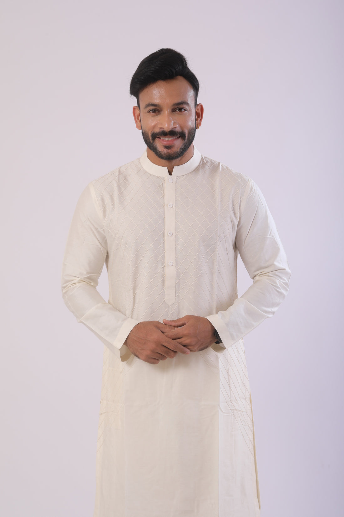 Off White Katan Kurta Set for Men With Anchoring Work