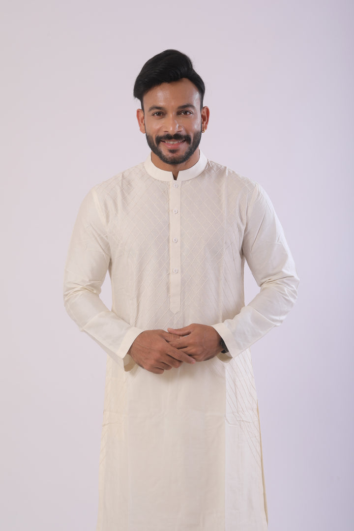 Off White Katan Kurta Set for Men With Anchoring Work