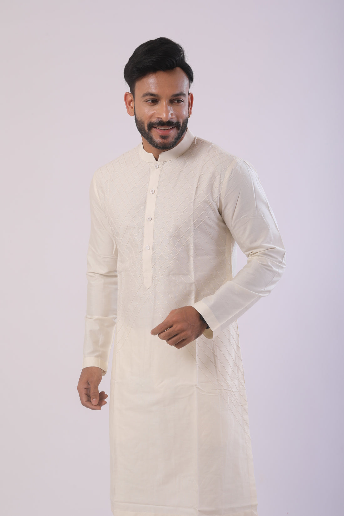 Off White Katan Kurta Set for Men With Anchoring Work