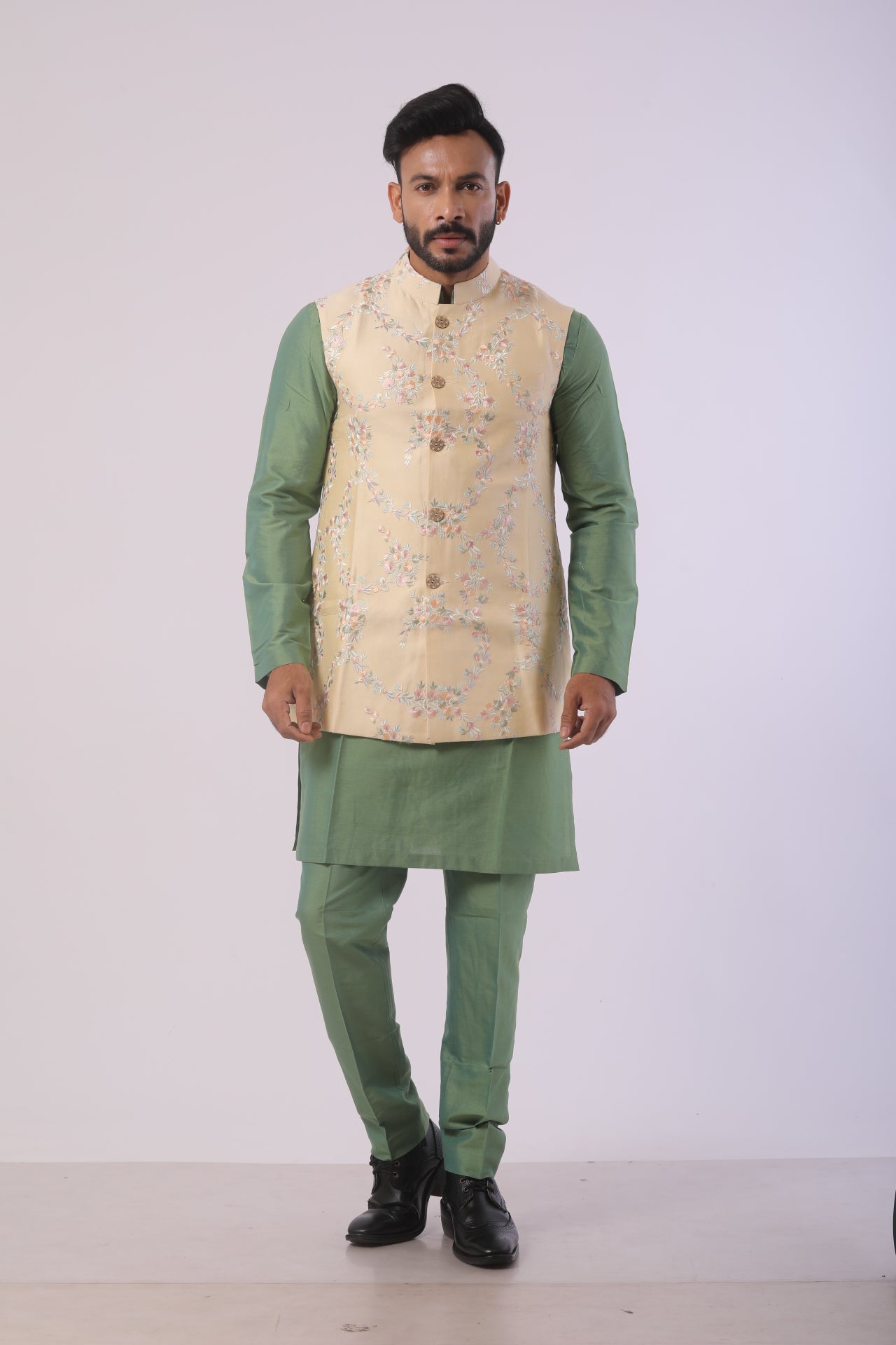 Kiwi Green Katan Silk Kurta Set with Cream Nehru Jacket