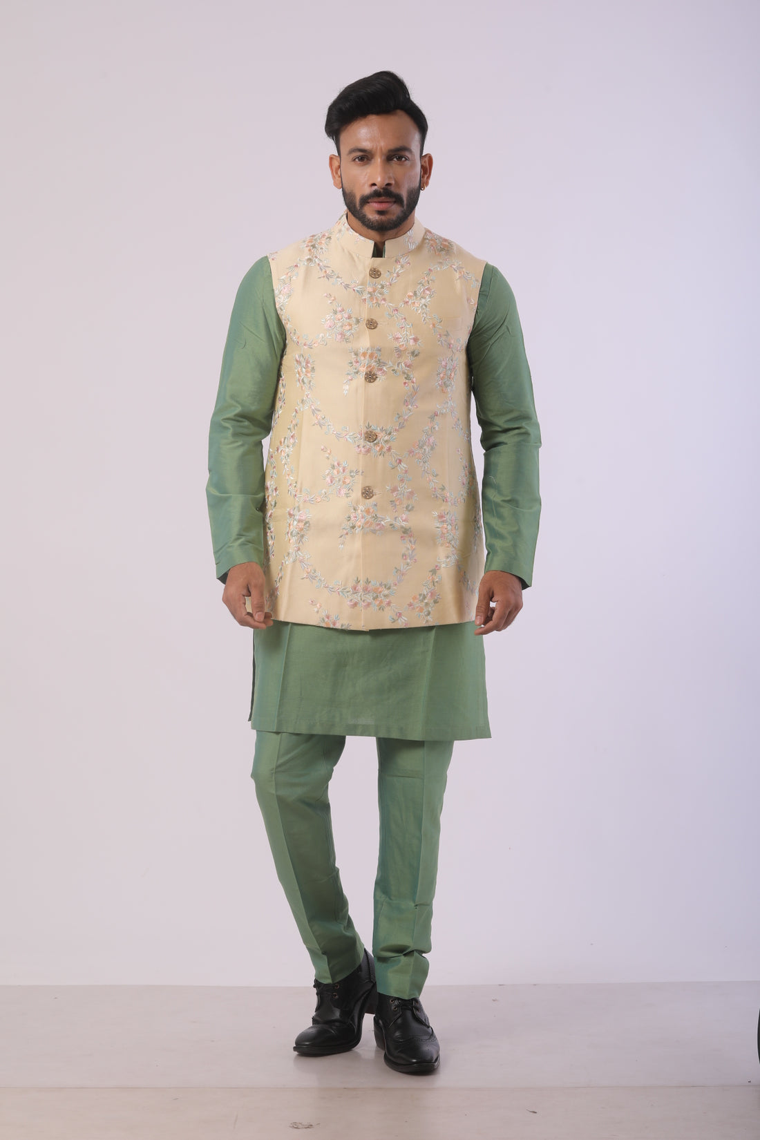 Kiwi Green Katan Silk Kurta Set with Cream Nehru Jacket