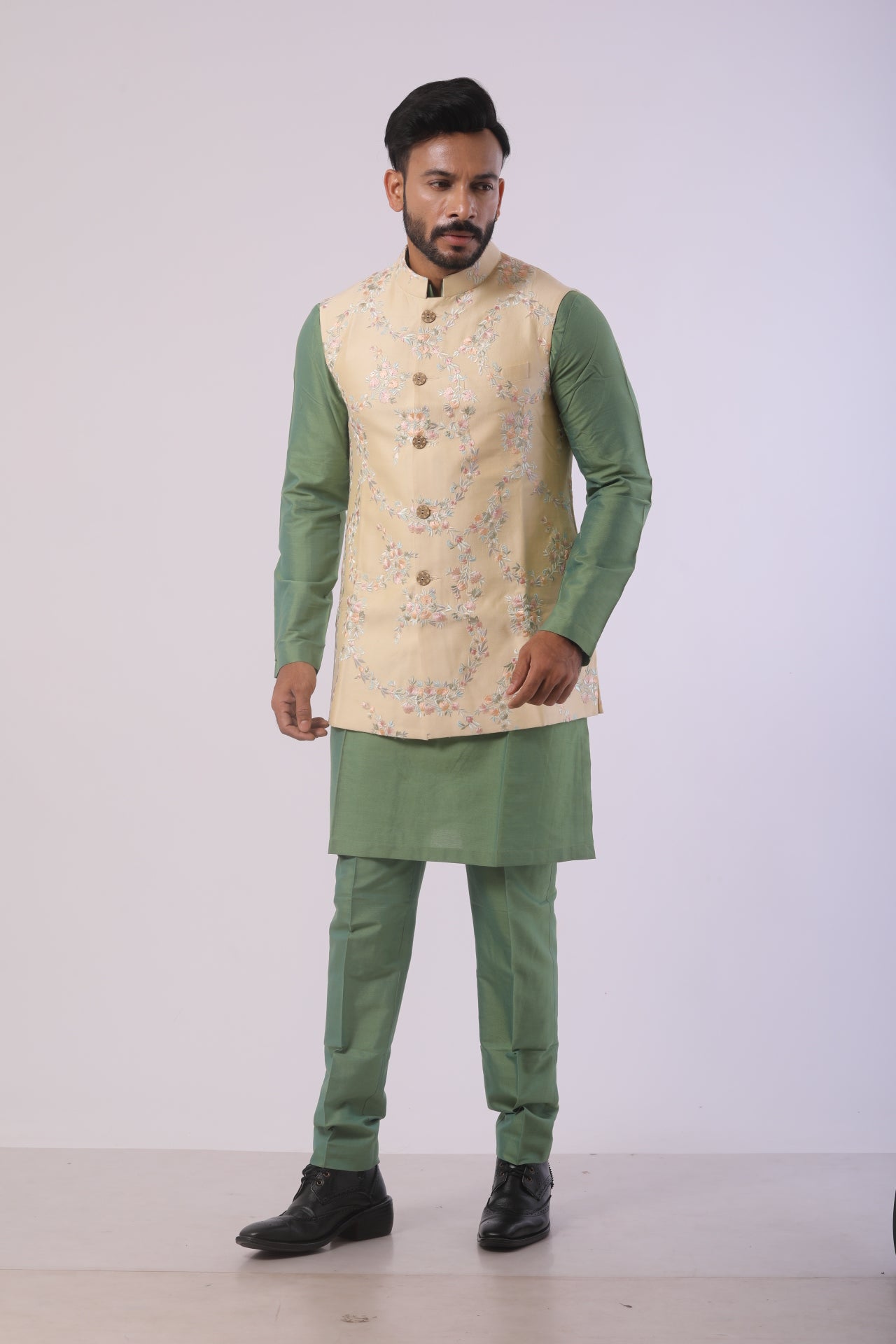 Kiwi Green Katan Silk Kurta Set with Cream Nehru Jacket