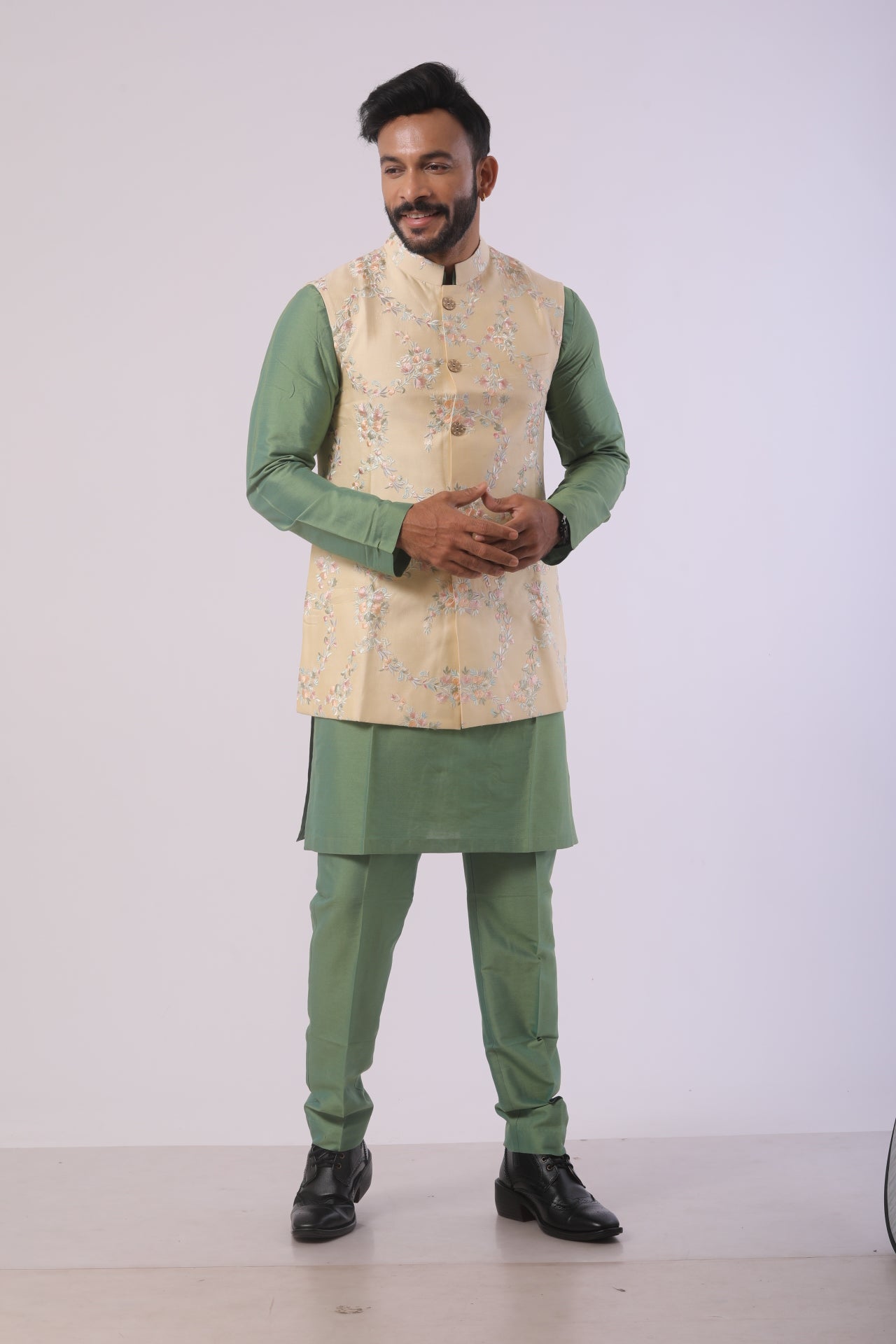 Kiwi Green Katan Silk Kurta Set with Cream Nehru Jacket