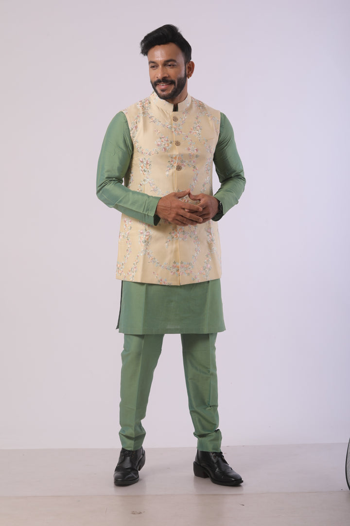 Kiwi Green Katan Silk Kurta Set with Cream Nehru Jacket