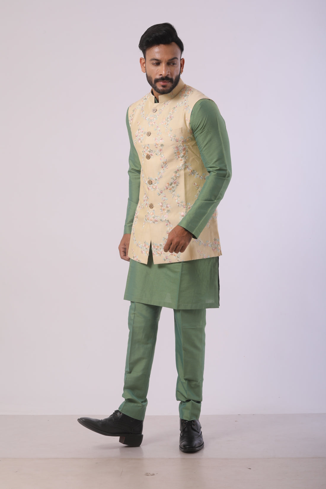 Kiwi Green Katan Silk Kurta Set with Cream Nehru Jacket