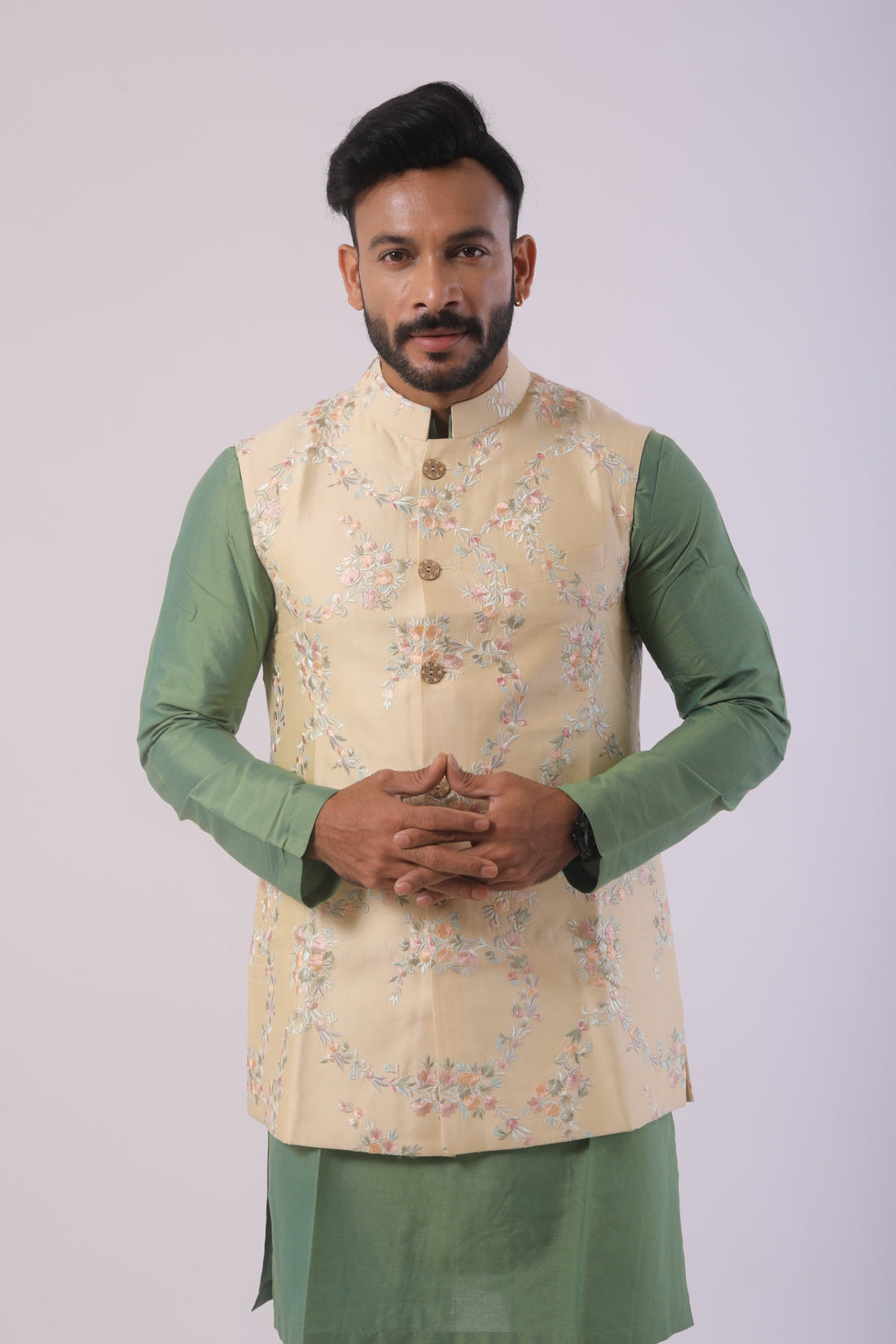 Kiwi Green Katan Silk Kurta Set with Cream Nehru Jacket