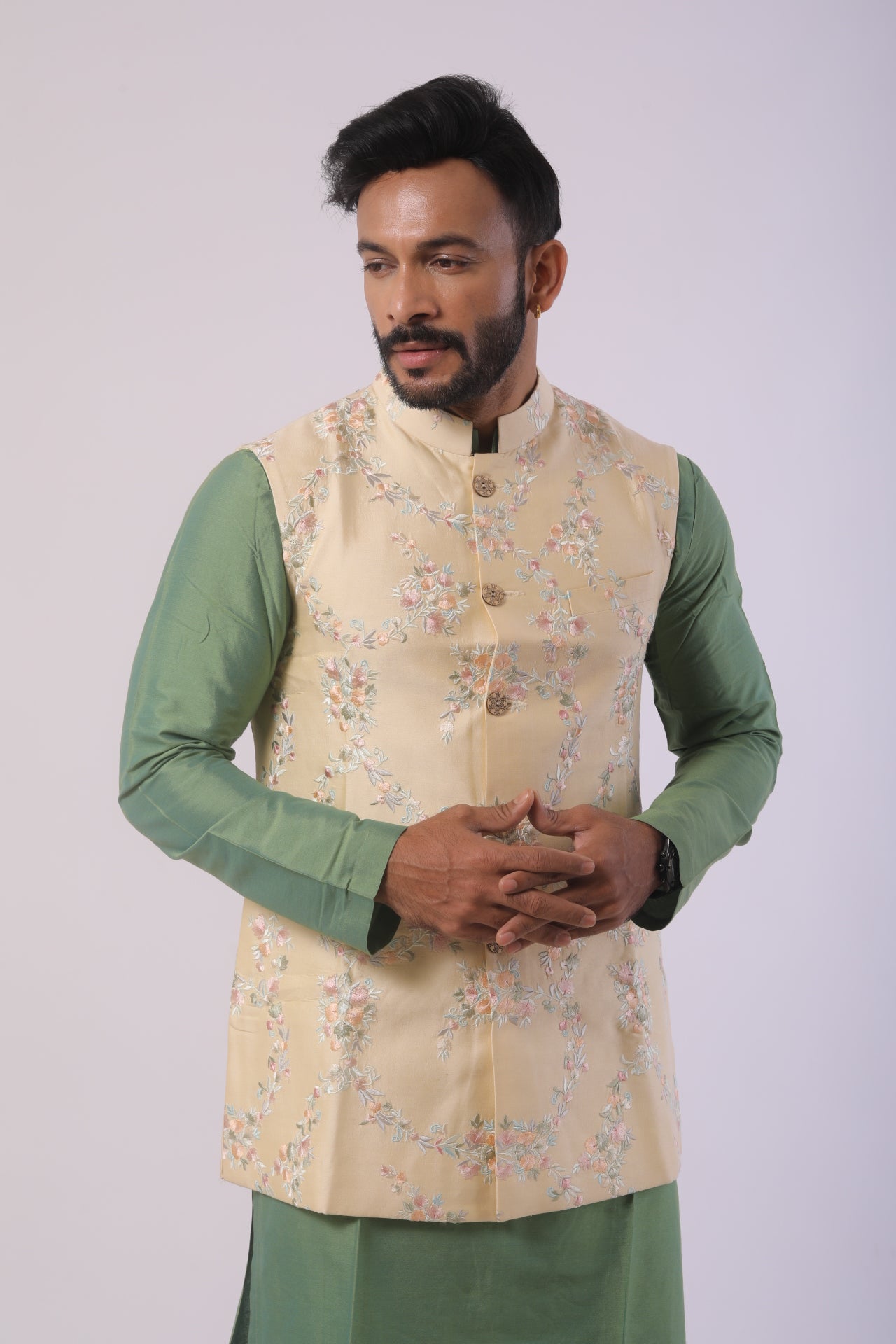 Kiwi Green Katan Silk Kurta Set with Cream Nehru Jacket
