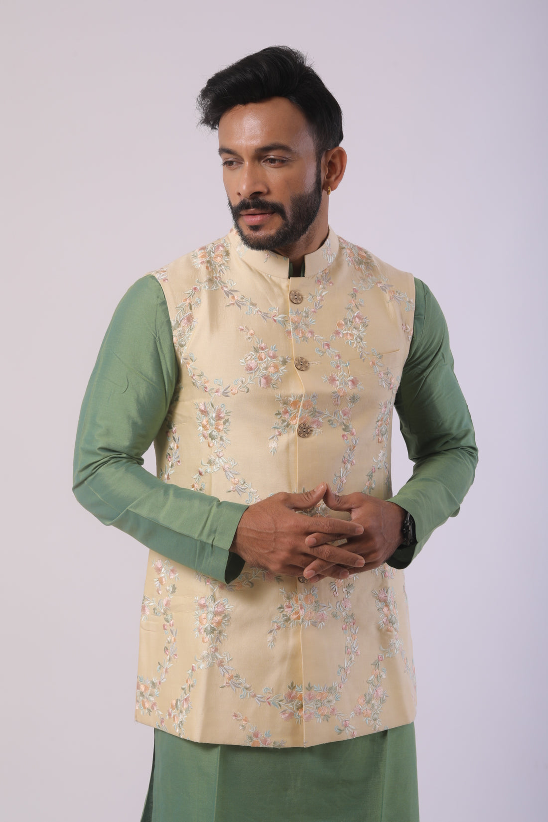 Kiwi Green Katan Silk Kurta Set with Cream Nehru Jacket