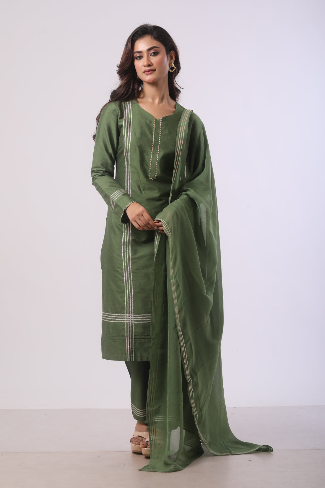 Avocado Katan Silk Kurta Set with Organza Dupatta