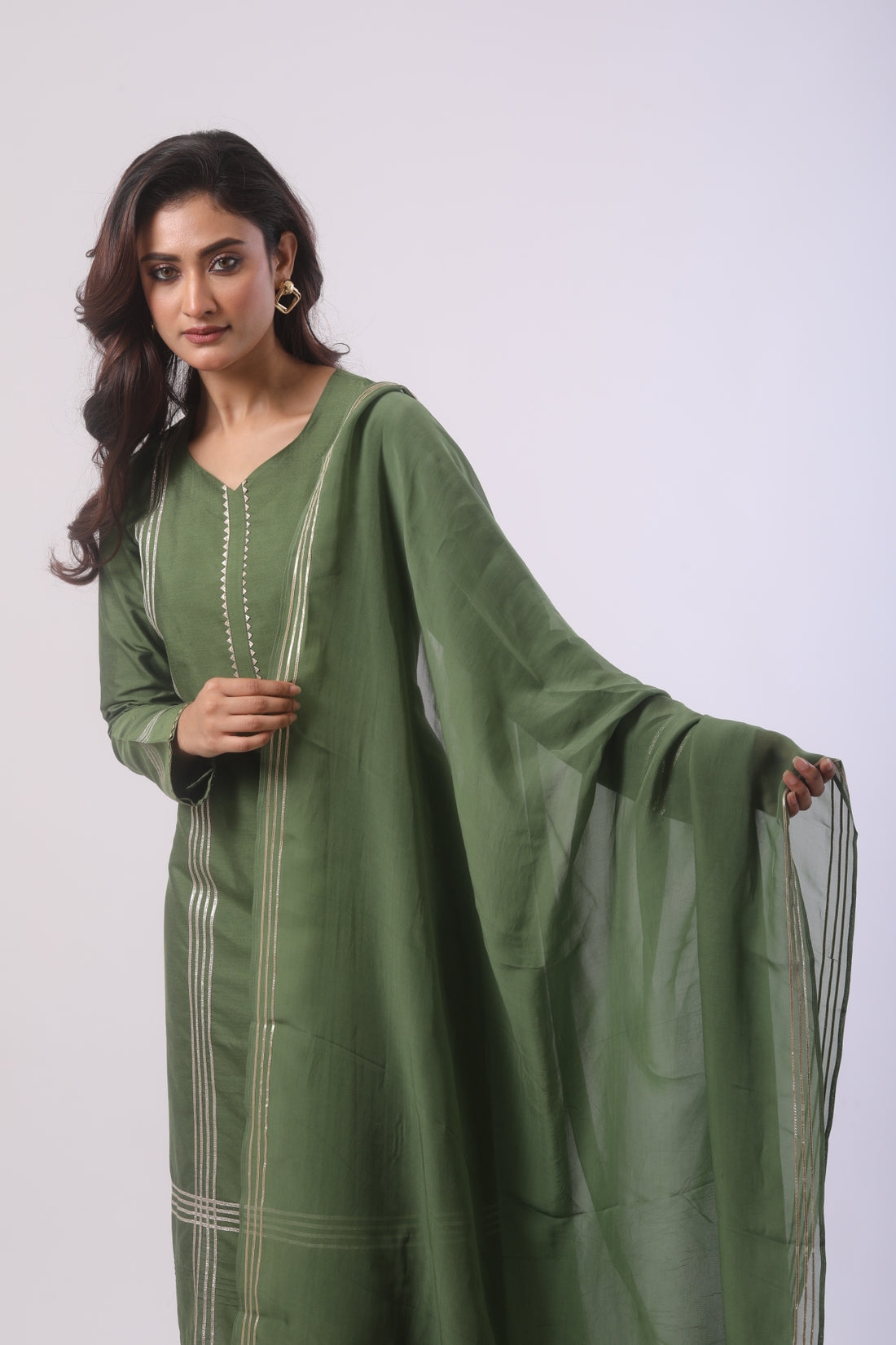 Avocado Katan Silk Kurta Set with Organza Dupatta