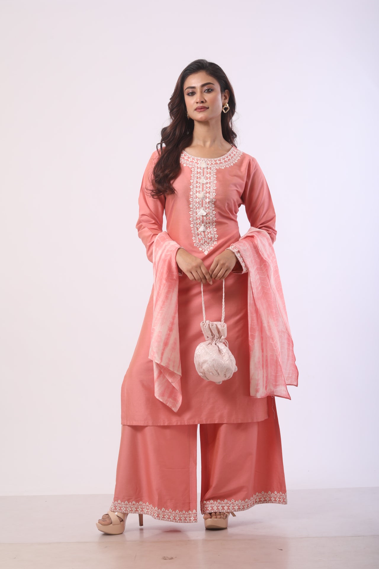 Blush Pink Polyester & Pure Chanderi Kurti Set