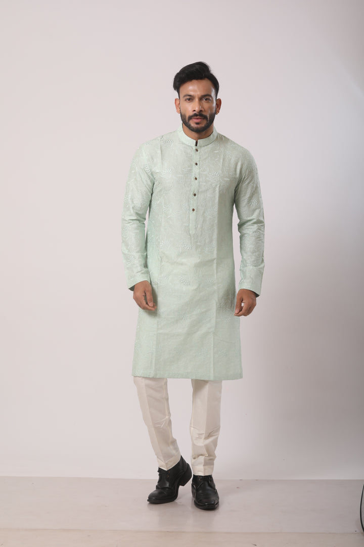 Olive Grace Katan Silk Embroidered Kurta Set