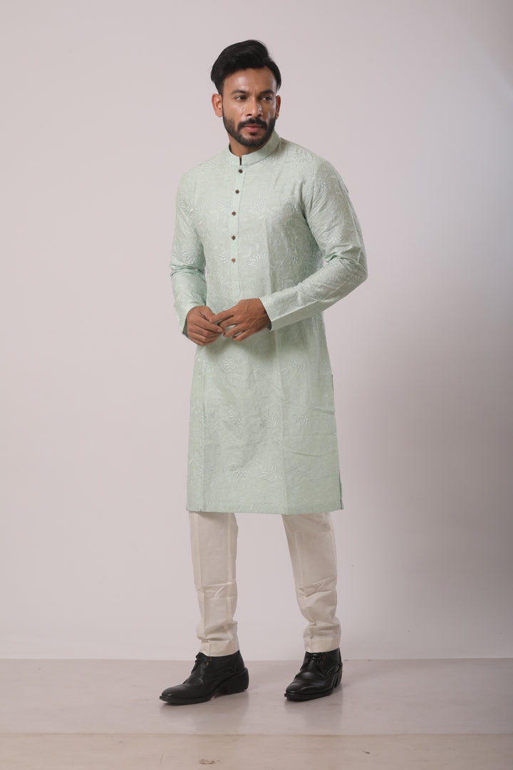 Olive Grace Katan Silk Embroidered Kurta Set
