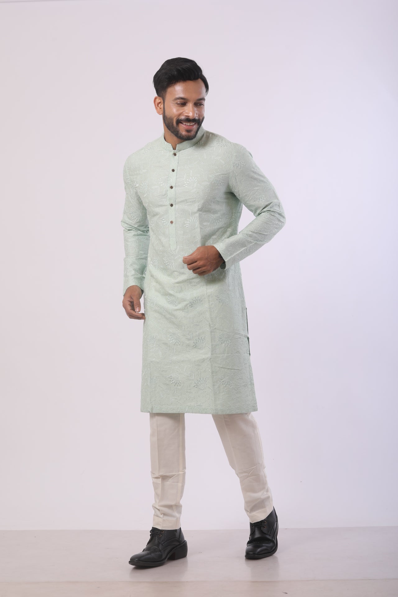 Olive Grace Katan Silk Embroidered Kurta Set