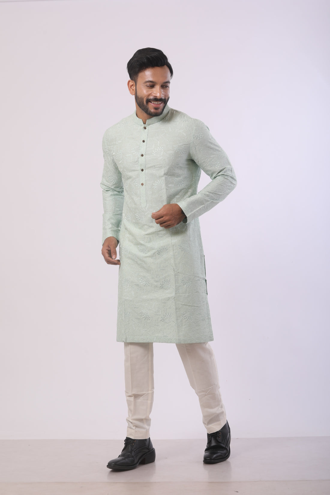 Olive Grace Katan Silk Embroidered Kurta Set