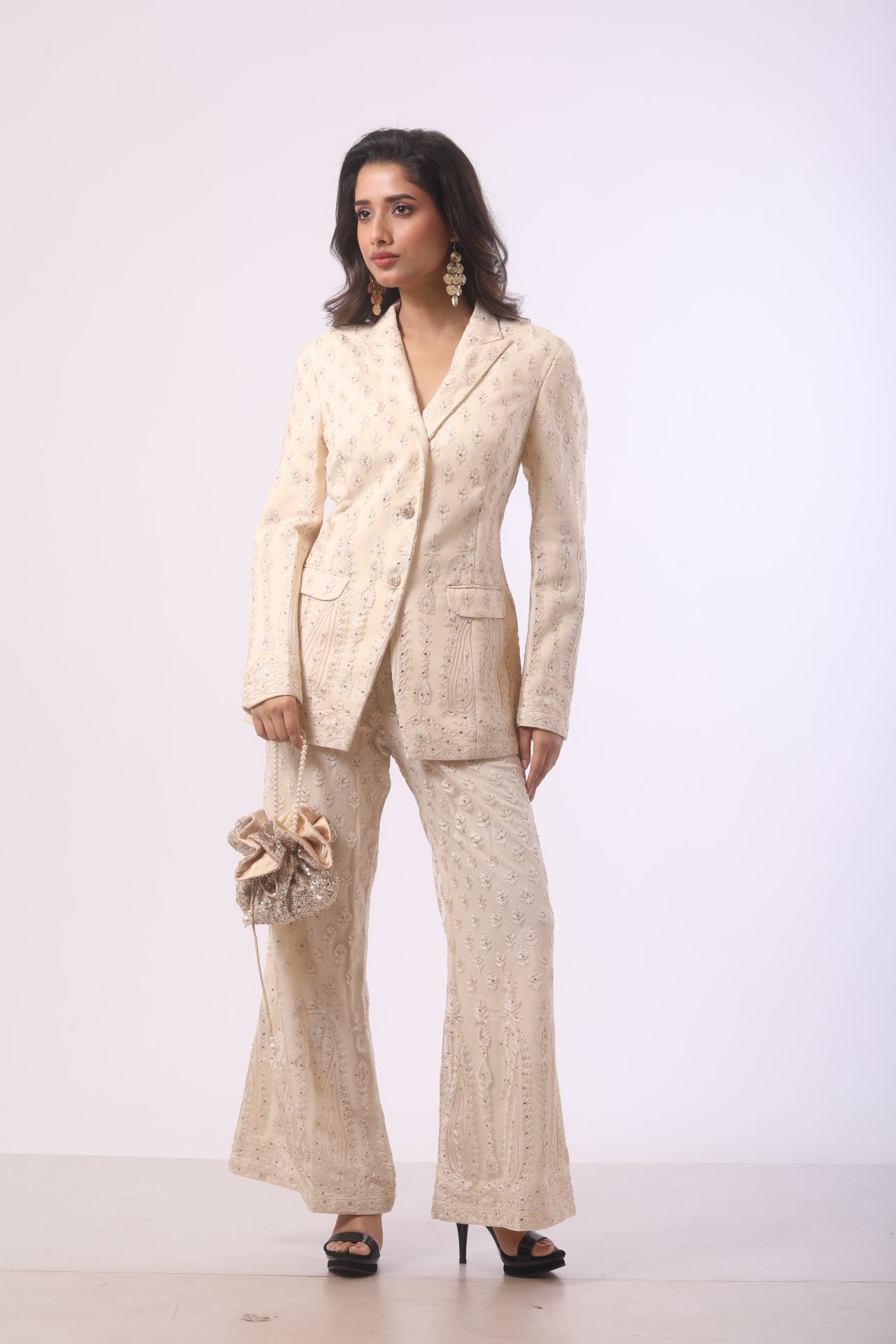 Cream Net Co-ord Set with Ari & Hand Embroidery