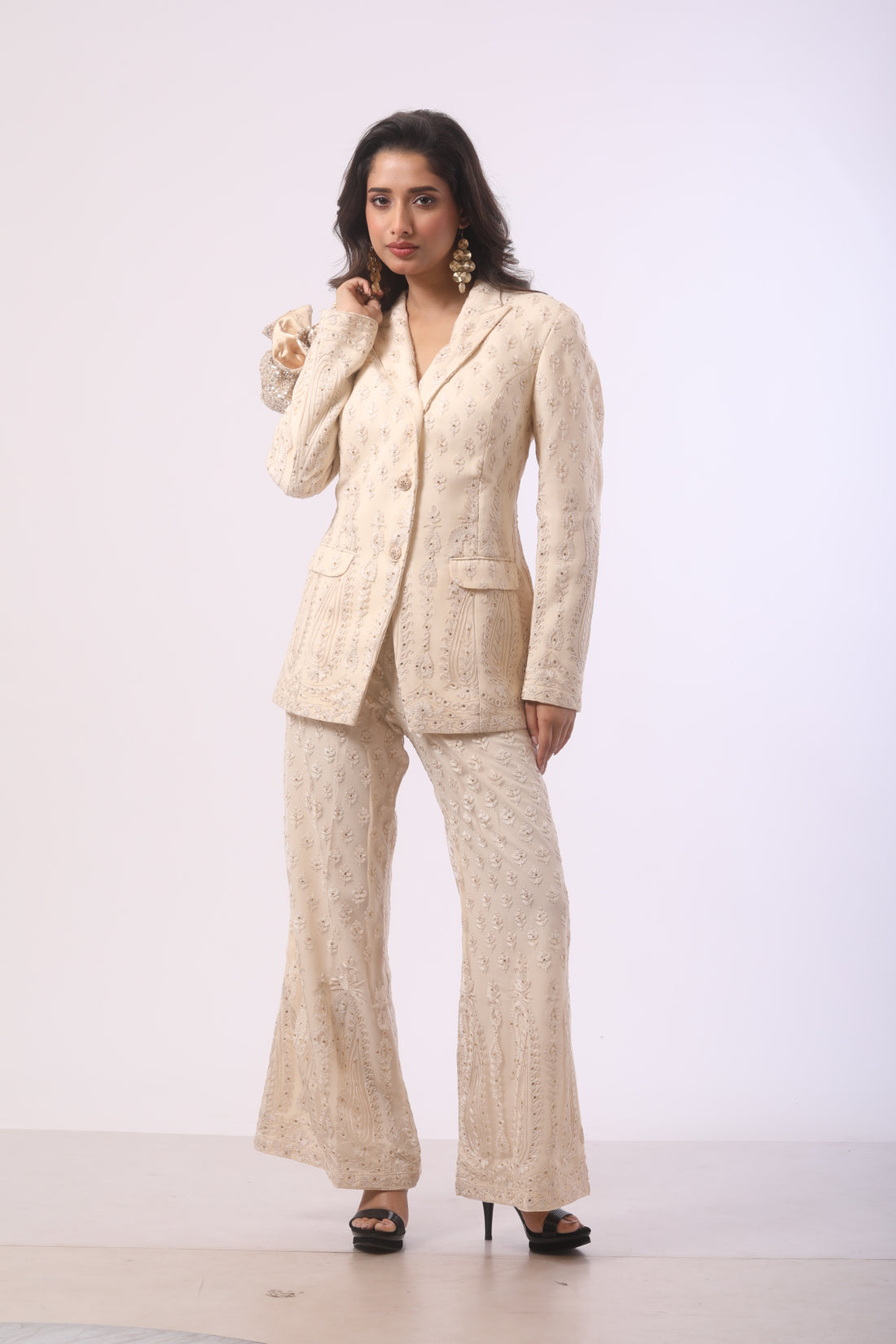 Cream Net Co-ord Set with Ari & Hand Embroidery