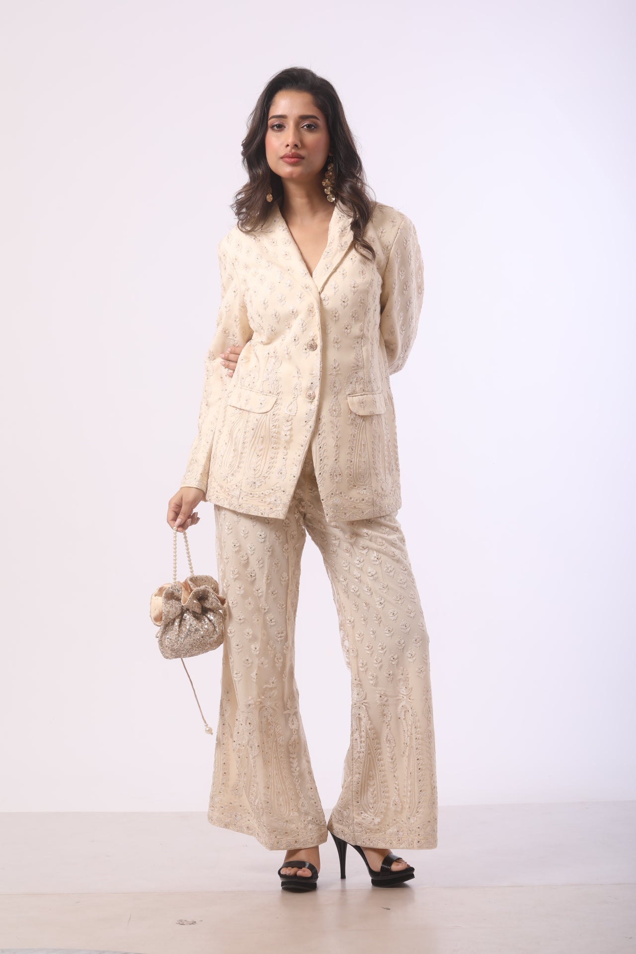 Cream Net Co-ord Set with Ari & Hand Embroidery