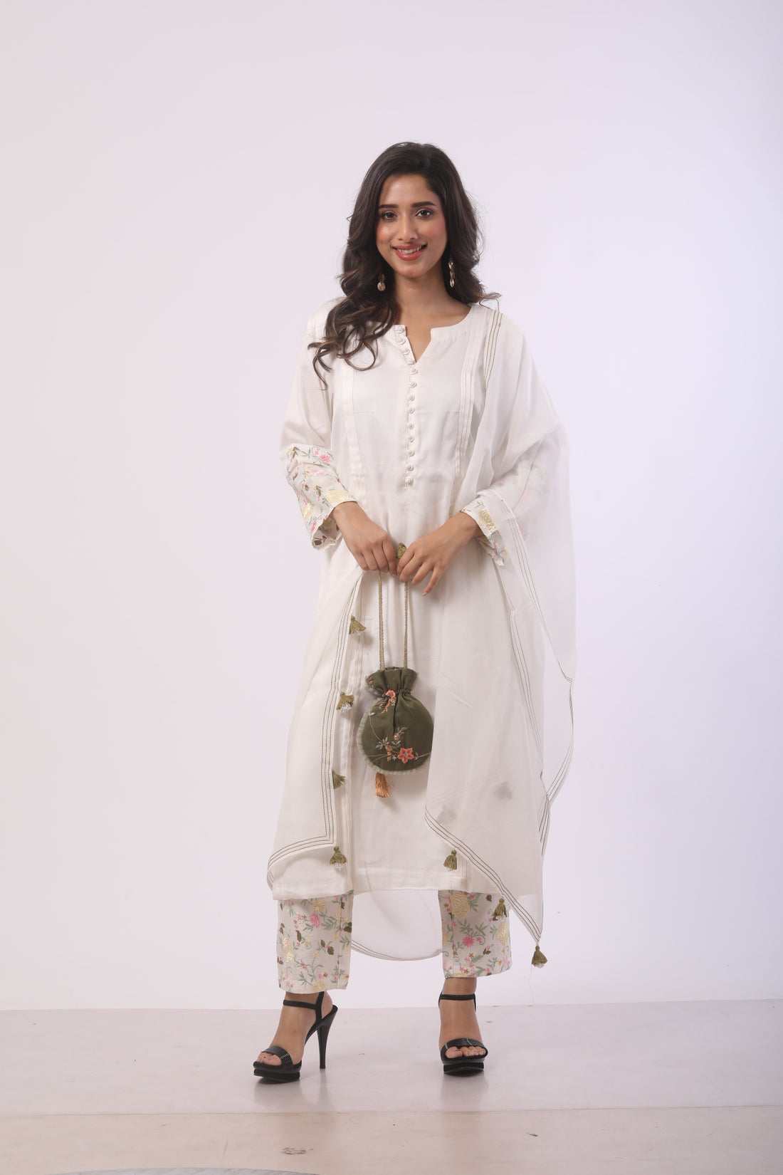 White Cotton Satin Kurti Set with Viscose Dupatta