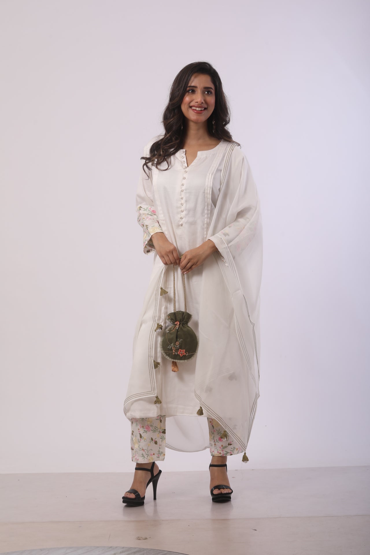 White Cotton Satin Kurti Set with Viscose Dupatta