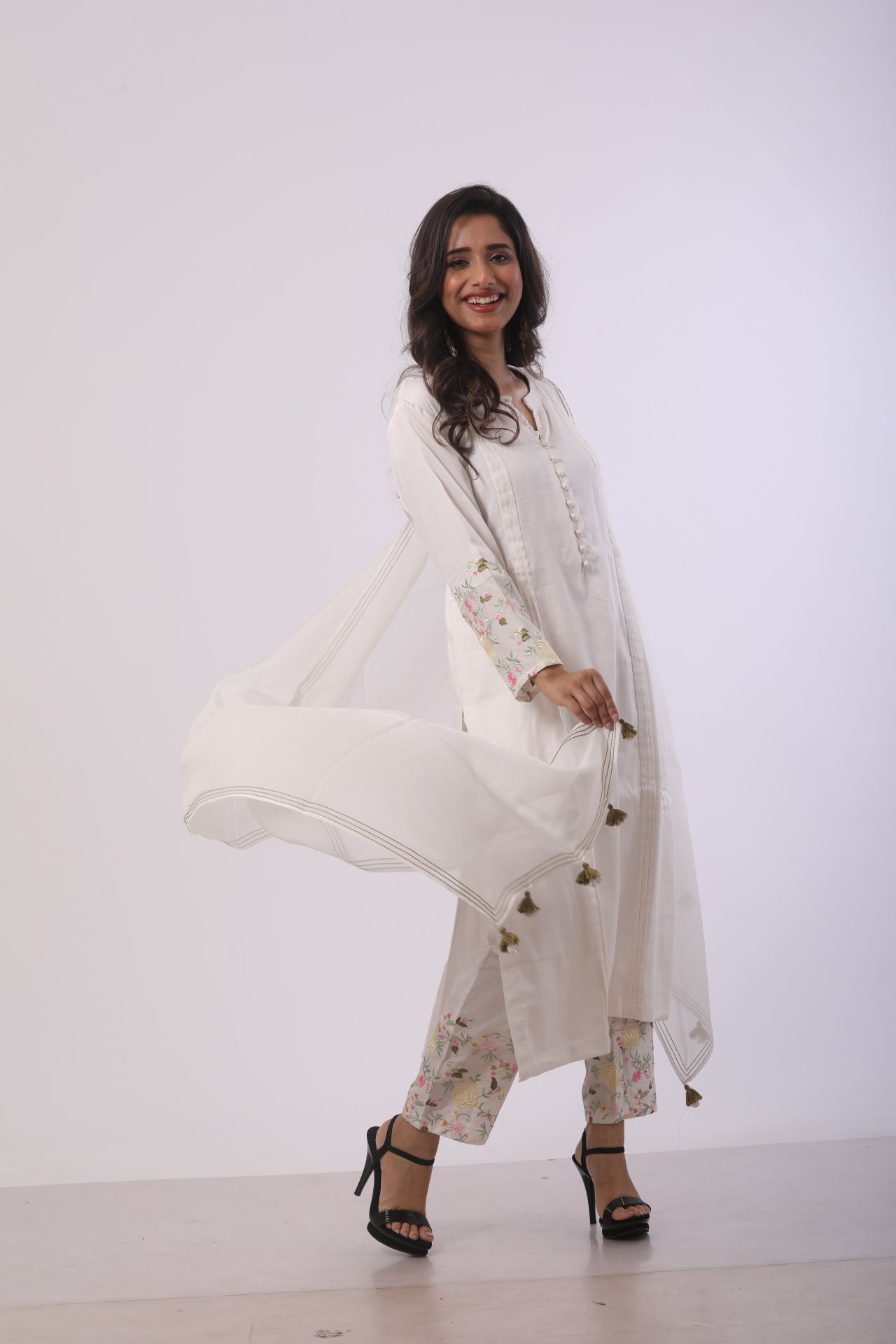 White Cotton Satin Kurti Set with Viscose Dupatta