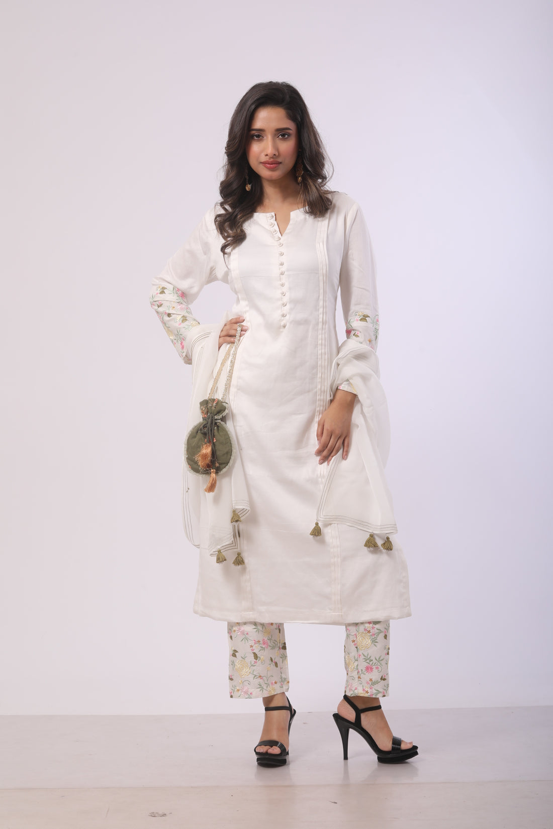 White Cotton Satin Kurti Set with Viscose Dupatta