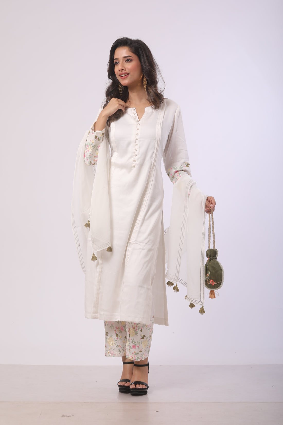 White Cotton Satin Kurti Set with Viscose Dupatta