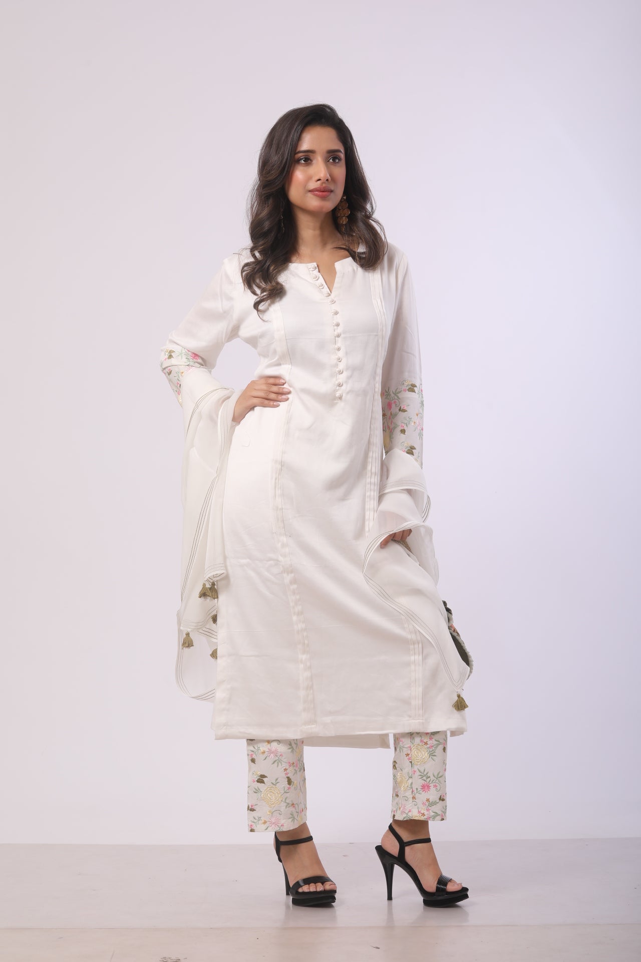 White Cotton Satin Kurti Set with Viscose Dupatta