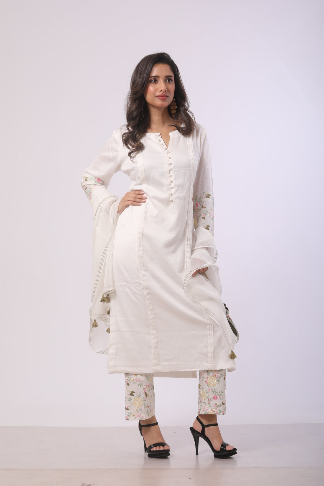 White Cotton Satin Kurti Set with Viscose Dupatta