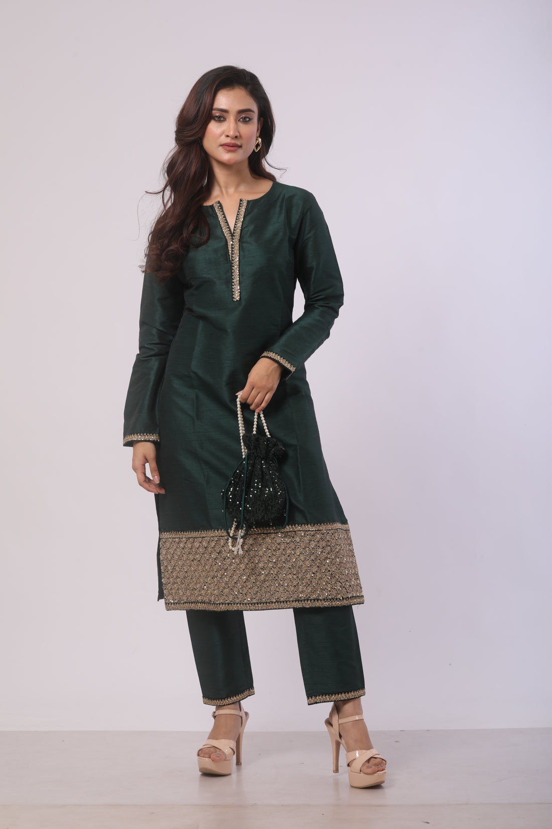 Bottle Green Velvet Kurta Set with Palazzo