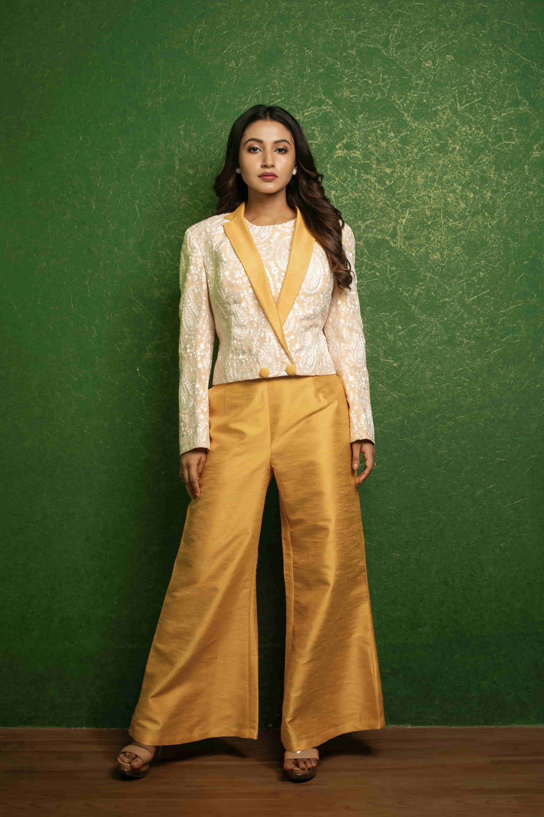 Off-White Embroidered Blazer and Bustier Set with Silk Bell-Bottom Pants