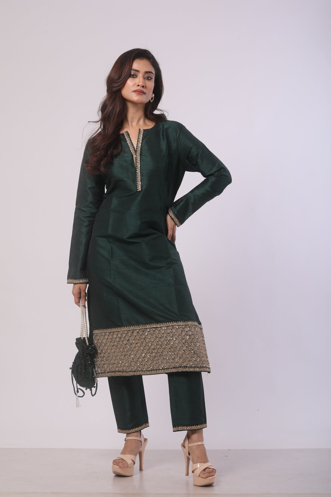Bottle Green Velvet Kurta Set with Palazzo