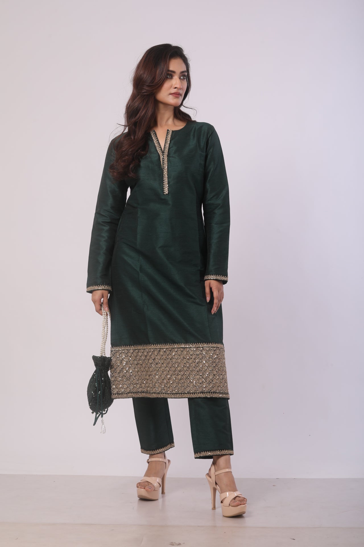Bottle Green Velvet Kurta Set with Palazzo