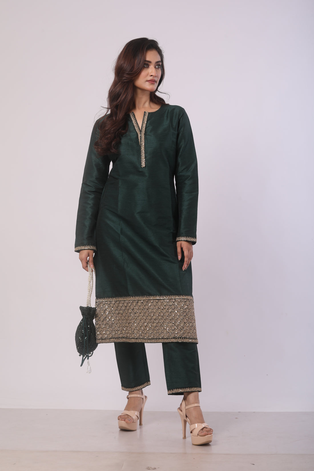Bottle Green Velvet Kurta Set with Palazzo
