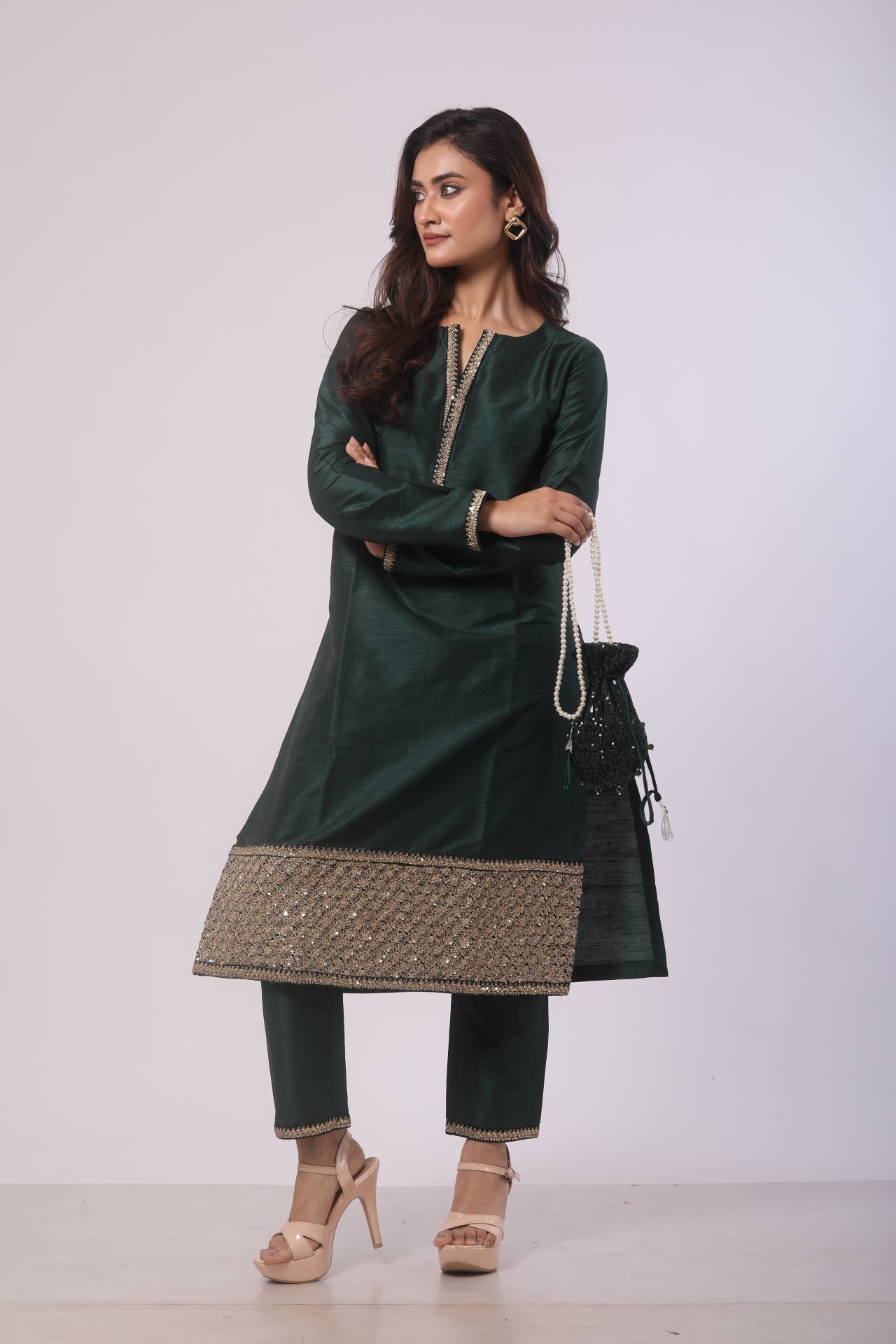 Bottle Green Velvet Kurta Set with Palazzo