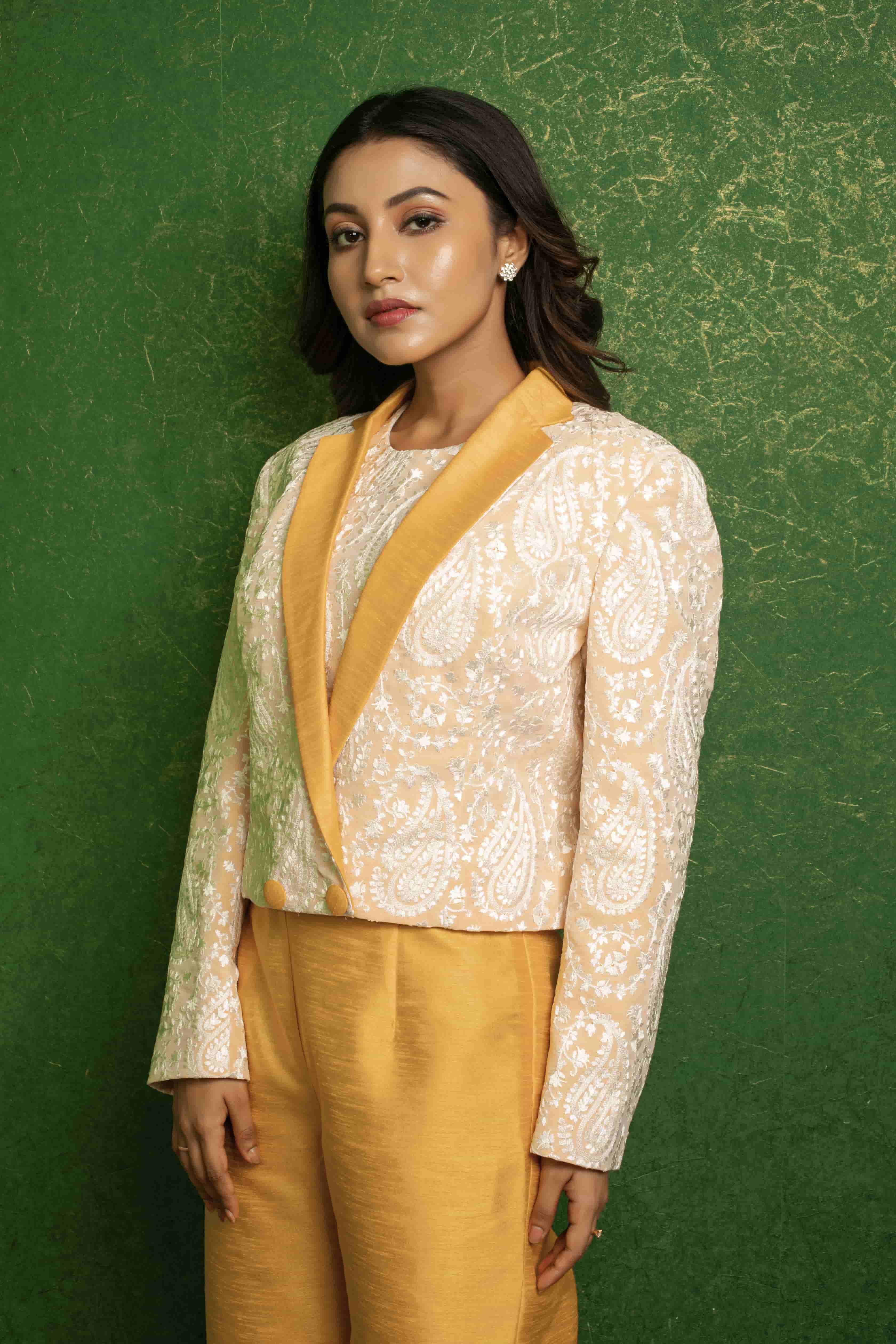 Enchanting Off-White Embroidered Blazer and Bustier Set with Silk Bell-Bottom Pants